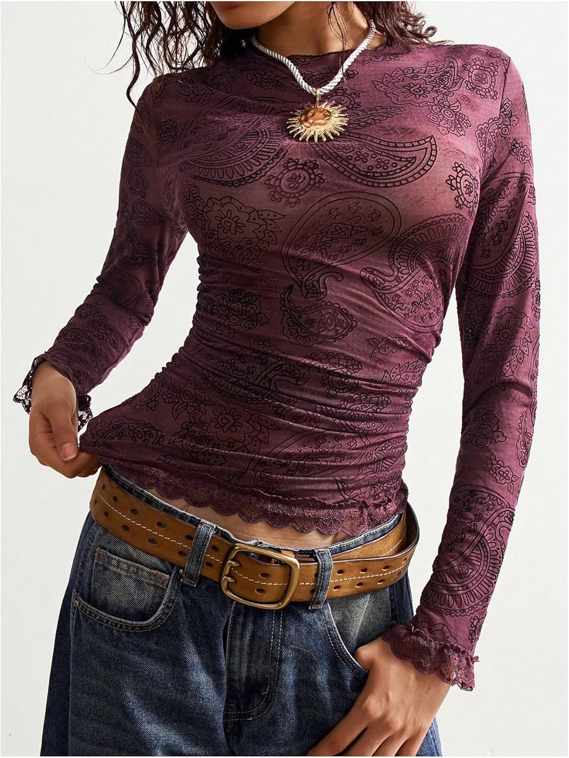 Women's lace Trim Long Sleeve t Shirts Mock Neck Graphic tees Fitted Boho Tops - Image 5