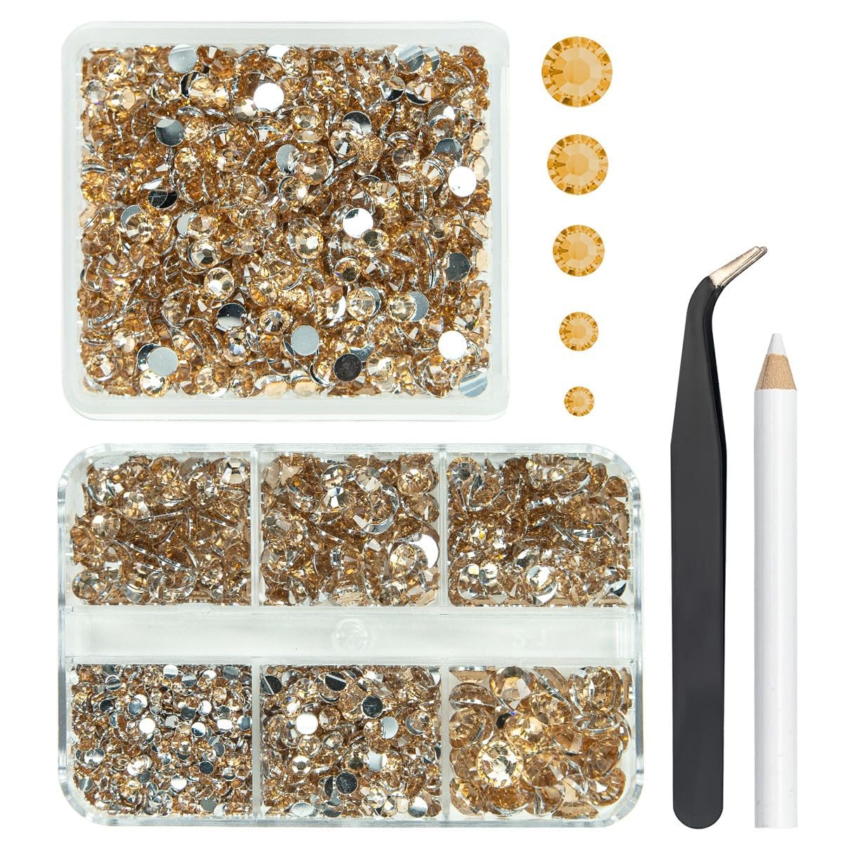 qiipii 3060PCS Champagne Resin Crystal Rhinestones 2mm 3mm 4mm 5mm 6mm Flatback Golden Stones Non-Hotfix Gems Crystals Diamonds Charms for Nails Face