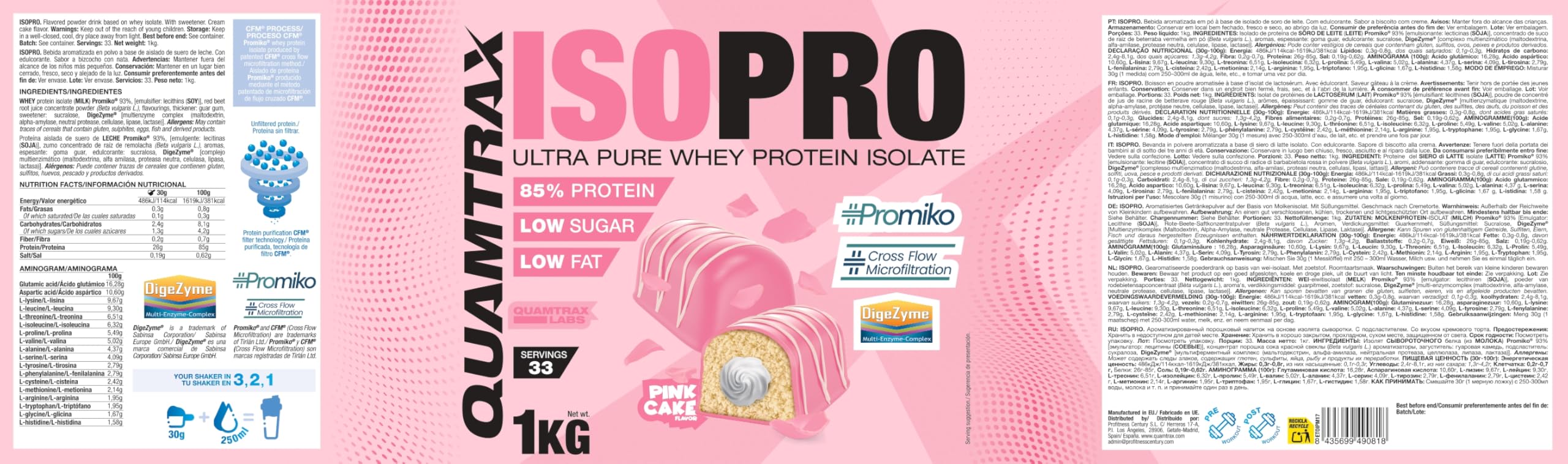 Quamtrax Nutrition - Isopro CFM (Aislado de Proteínas de Suero de Leche) - 1 kg - Sabor Pink Cake - Alto contenido proteico, rápida absorción y bajo en grasas