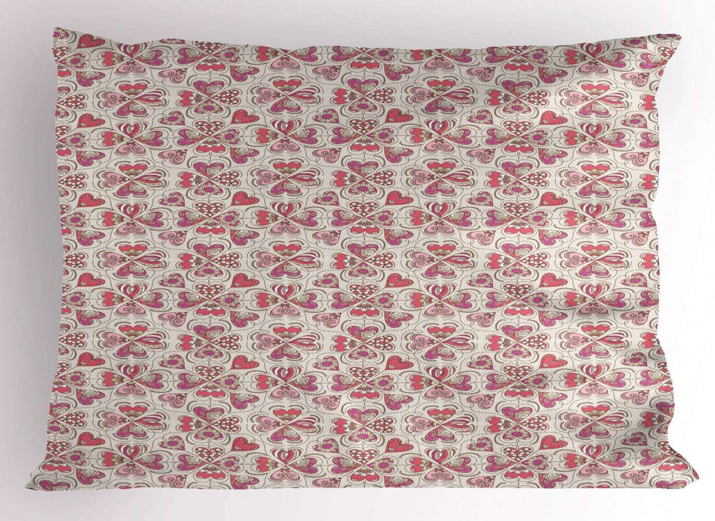 Lunarable Valentine's Day Pillow Sham Set of 2, Romantic Floral Ornamental Heart Shapes, Quality Microfiber Bedding Item for All Seasons, 26" x 20", Pale Fuchsia Pale Ruby