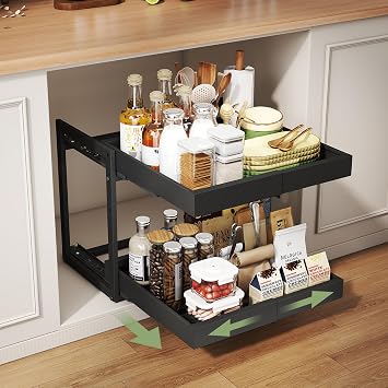 Abalter Expandable Pull Out Cabinet Organizer,2-Tier Slide Out Drawer for Kitchen Cabinets,Adjustable Width 1218.5",Slide Out Shelves for Kitchen Countertop, Bathroom, Pantry, Heavy Duty CaddyBlack