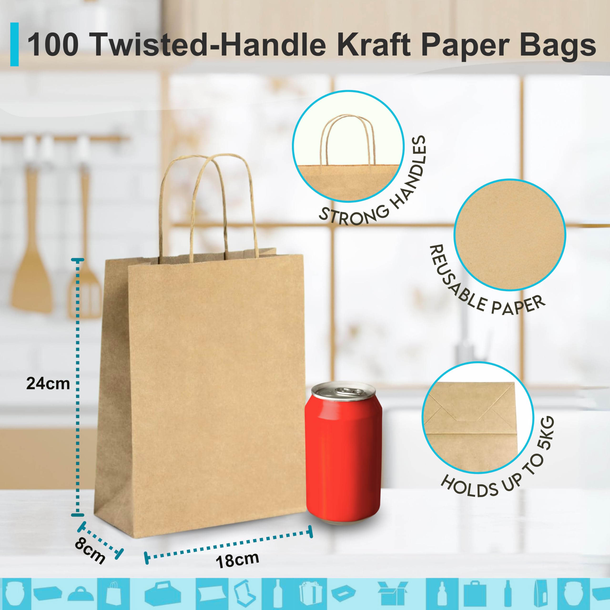 Lot 100 Sacs Papier Kraft Marron avec Anses 18x8x23cm - Sac pour Shopping Cadeaux Mariages