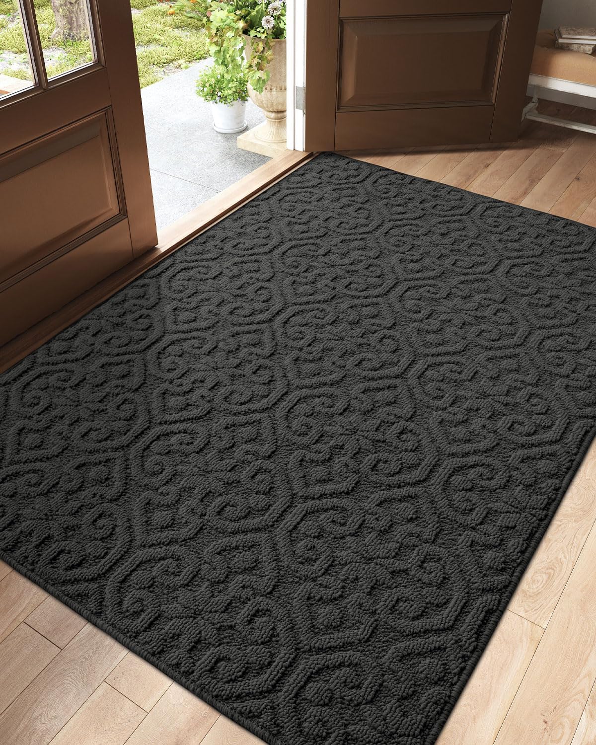 dexi front door entryway mat non slip, 4x6 ft large washable inside entrance for house floor low profile, thin entry doormat absorbent dirt trapper, dark grey 4' x 6' (rectangular) dark grey