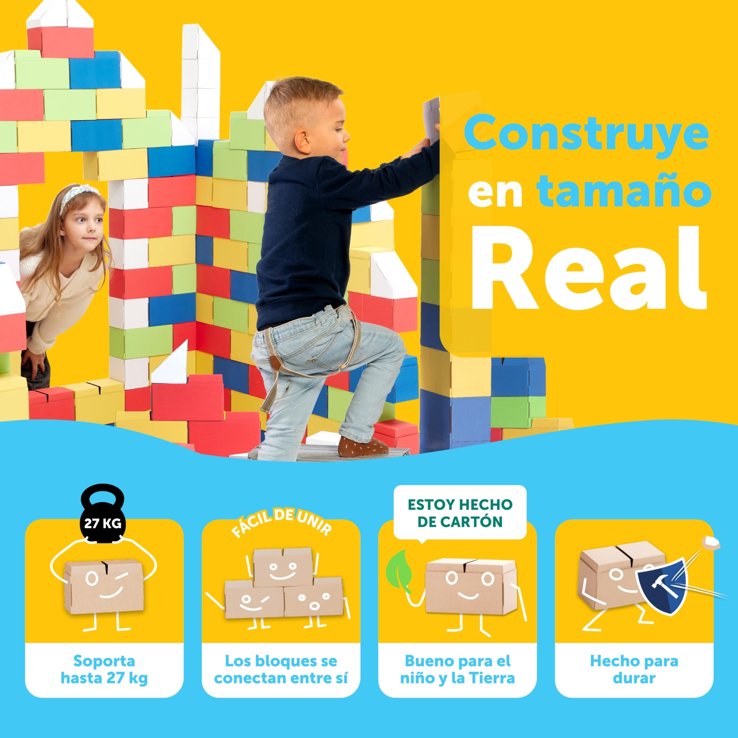 GIGI BLOKS Tamaño XXL 200 Ladrillos de Cartón Colores Encajables y Apilables | Robustos y Fáciles de Montar Grandes Bloques Construccion Niños | Kit Construcción Fuerte Niños | Juegos Educativos