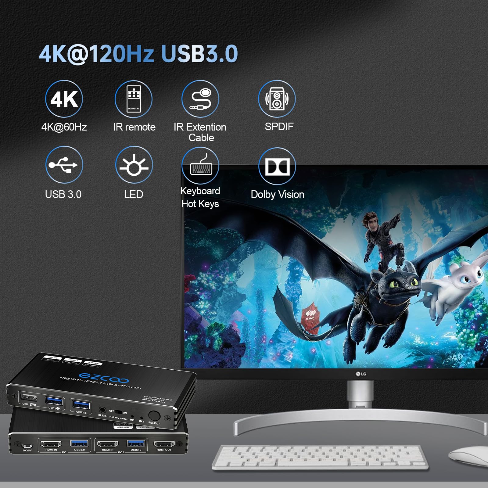8K 60Hz 4K 120Hz HDMI 2.1 KVM Switch USB 3.0 2 porte con Hotkey 48Gbps Condividi 2 computer con una tastiera Mous HDR D-olby Vision HDCP2.2 Telecomando USB3.0 Cavo incluso