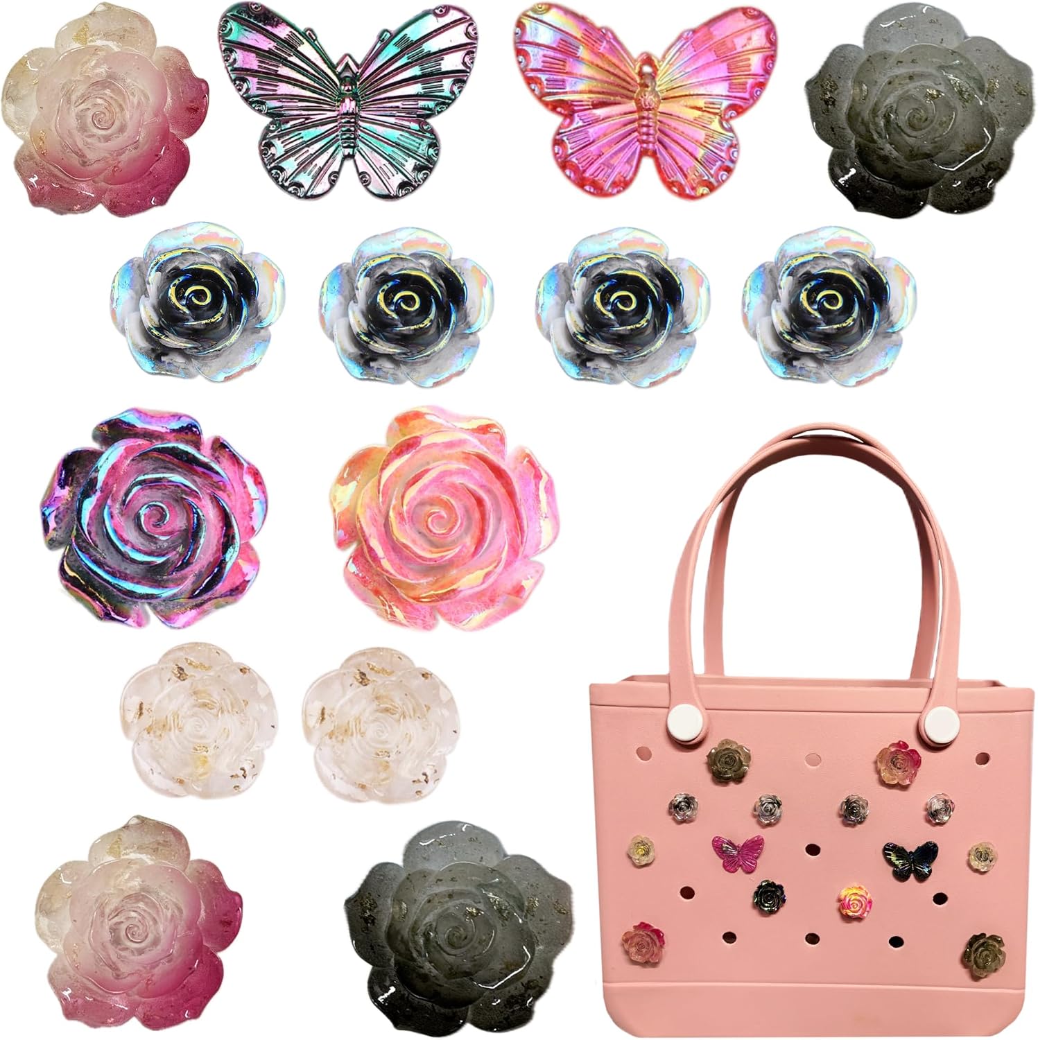 Black and Pink Charms for Bogg Bag Accessories Charm, Butterflies and Roses Decoration for Bogg Bag Accessories, Compatible With Most Women Rubber Beach Bag Charm, 14 Pcs