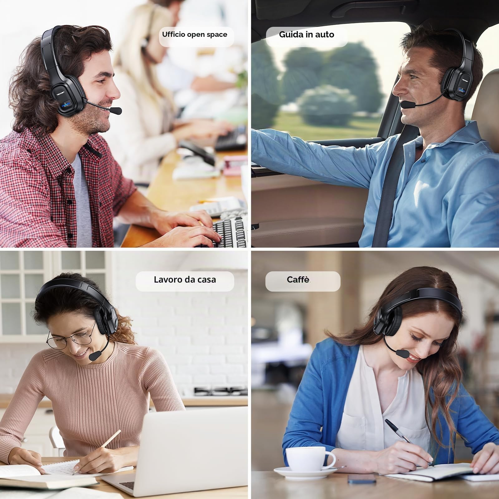 TECKNET Cuffie Bluetooth Senza Fili con Micro, Riduzione del Rumore Cuffie Audio 32-36 Ore di Autonomia per PC Portatile Computer/Call Center/Telefoni/Skype/Ufficio/Zoom/Camion Driver