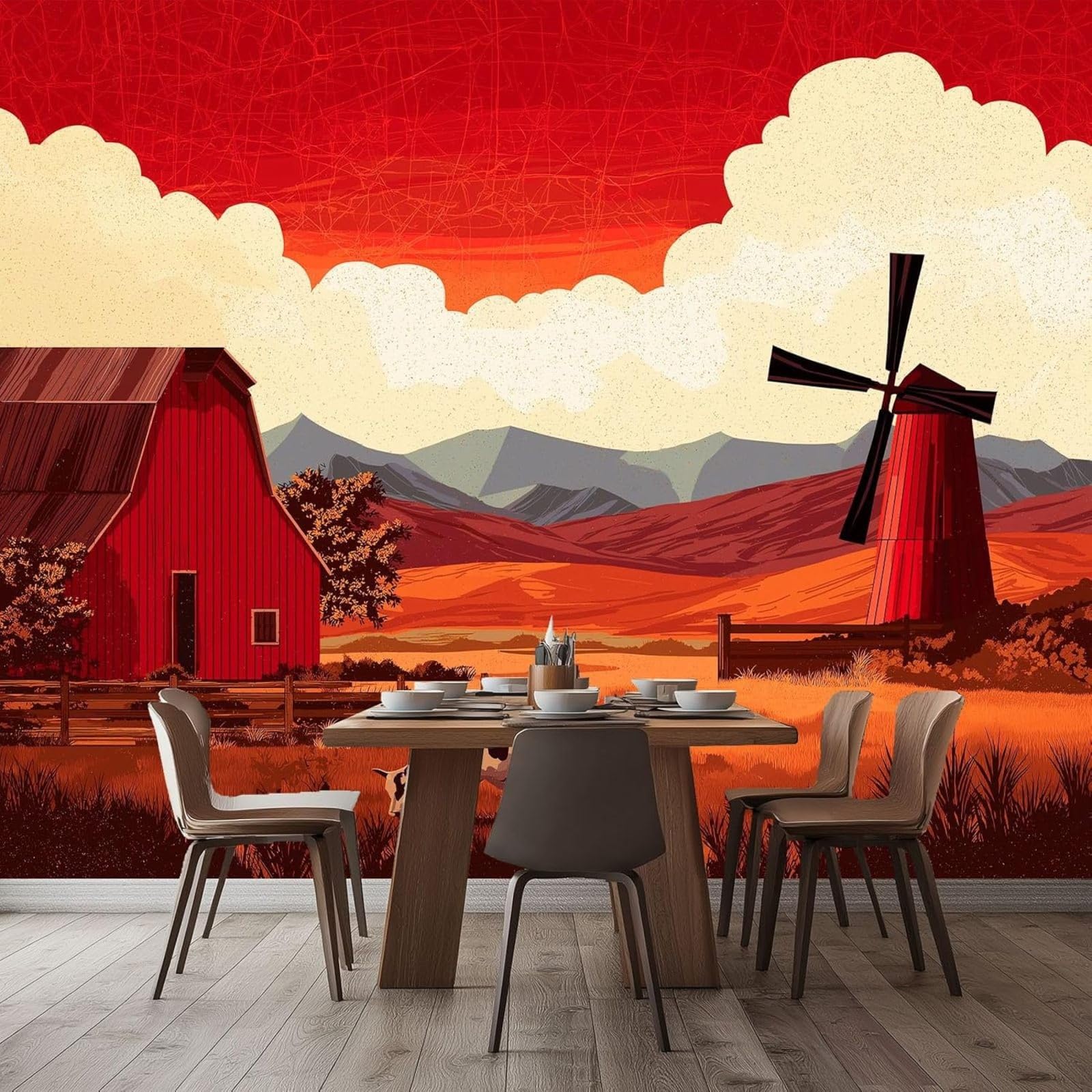 3D Effect Photo Wallpaper, Rural Style, Farm Animals, Cows, Orange Color Wall Mural, Non-woven Wall for Living Room, Bedroom, Children's Room, TV Background, Modern Wall Decoration, 250cm x 175cm Stic