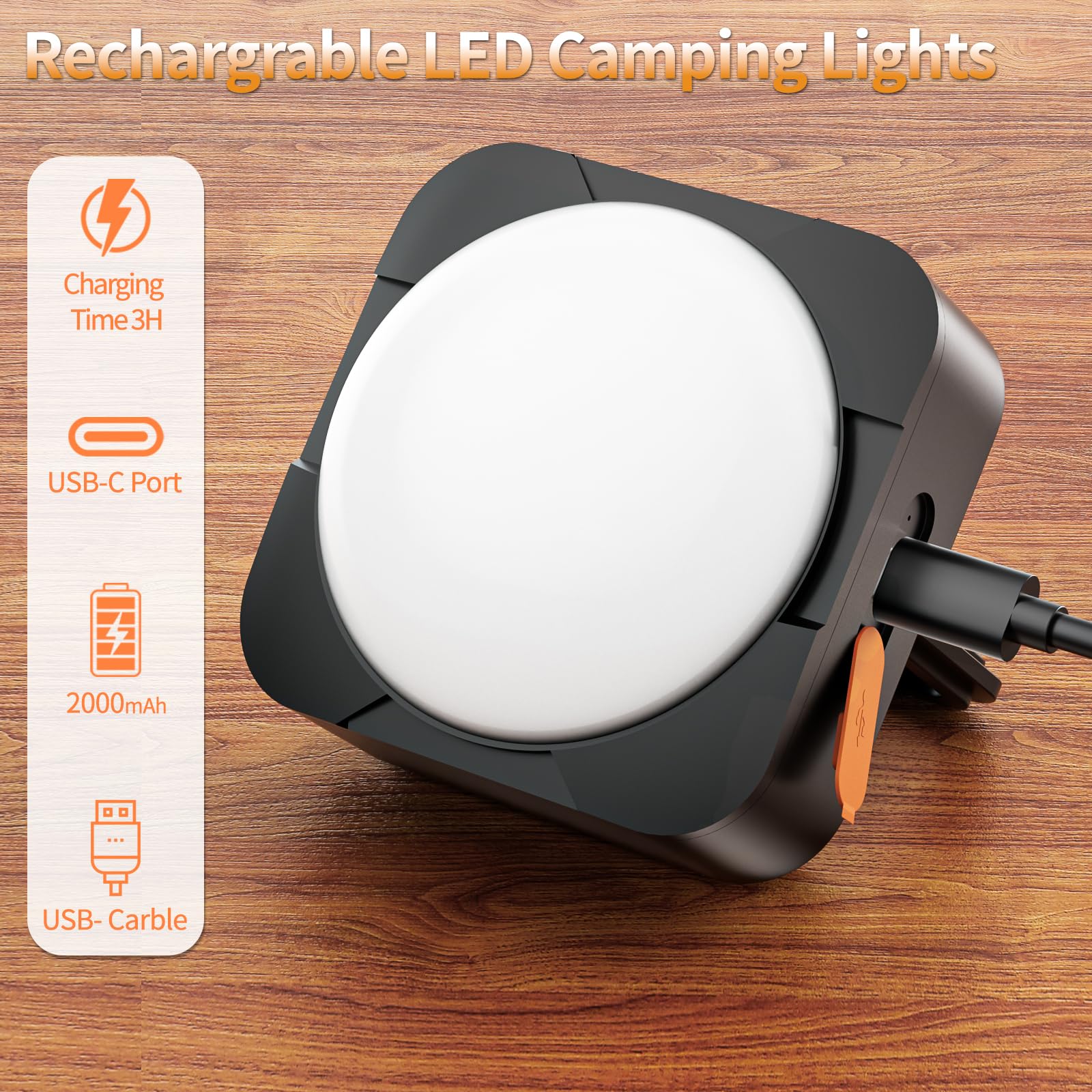 FLY2SKY - Luces de camping recargables, 1 unidad, 2000 mAh, luces de tienda de campaña, linterna LED portátil, equipo de supervivencia, accesorios de camping para senderismo, mochilero, pesca, huracán