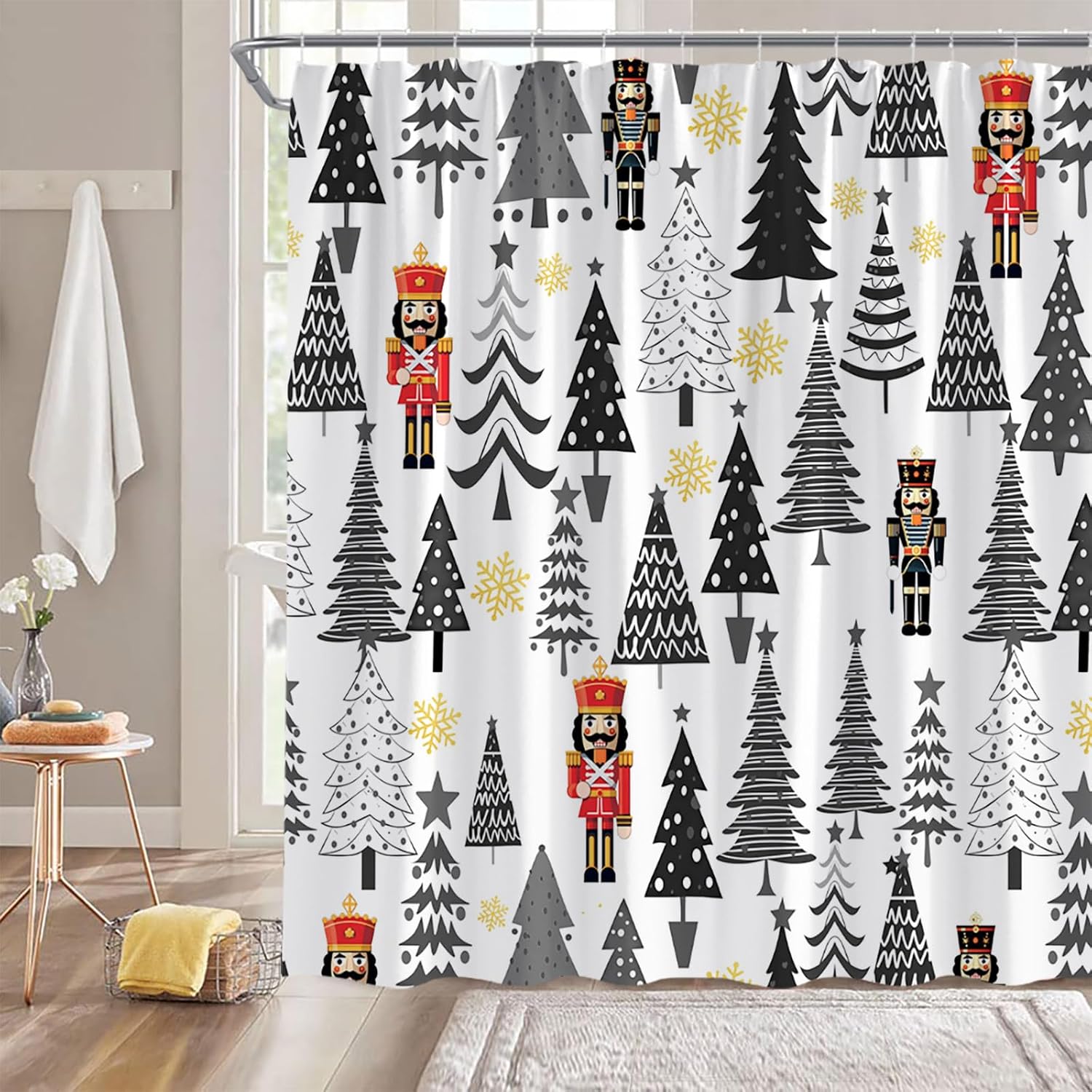 Christmas Extra Long Shower Curtain Red Black Xmas Tree Snowflake Winter Holiday Cartoon Fabic with Hooks for Bathroom Decor,70x84 Inch