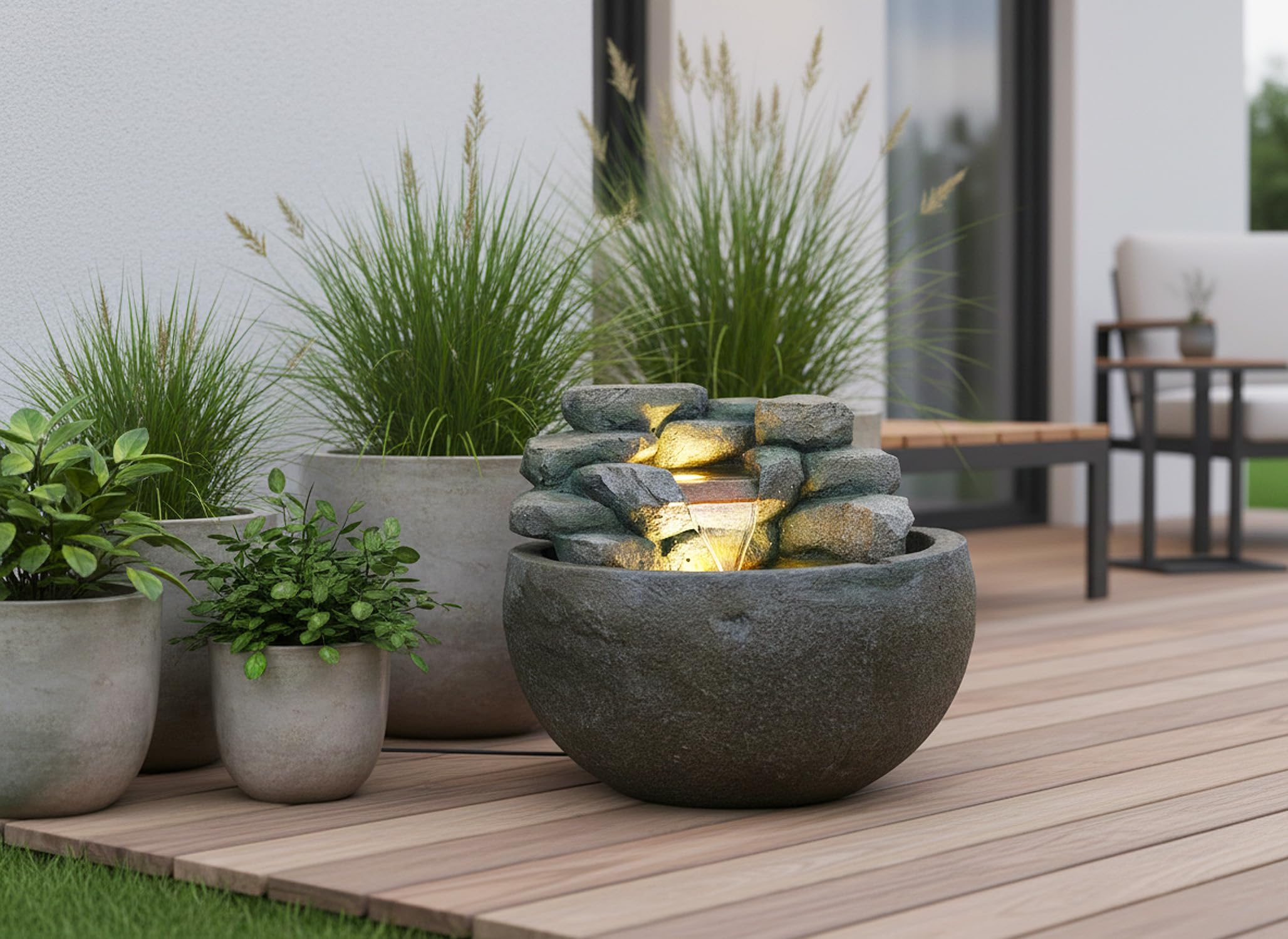 Gartenbrunnen BK911 Ø50 cm – Runder Springbrunnen in Steinoptik mit Wasserfall, warmweiße LED Beleuchtung Deko Teich