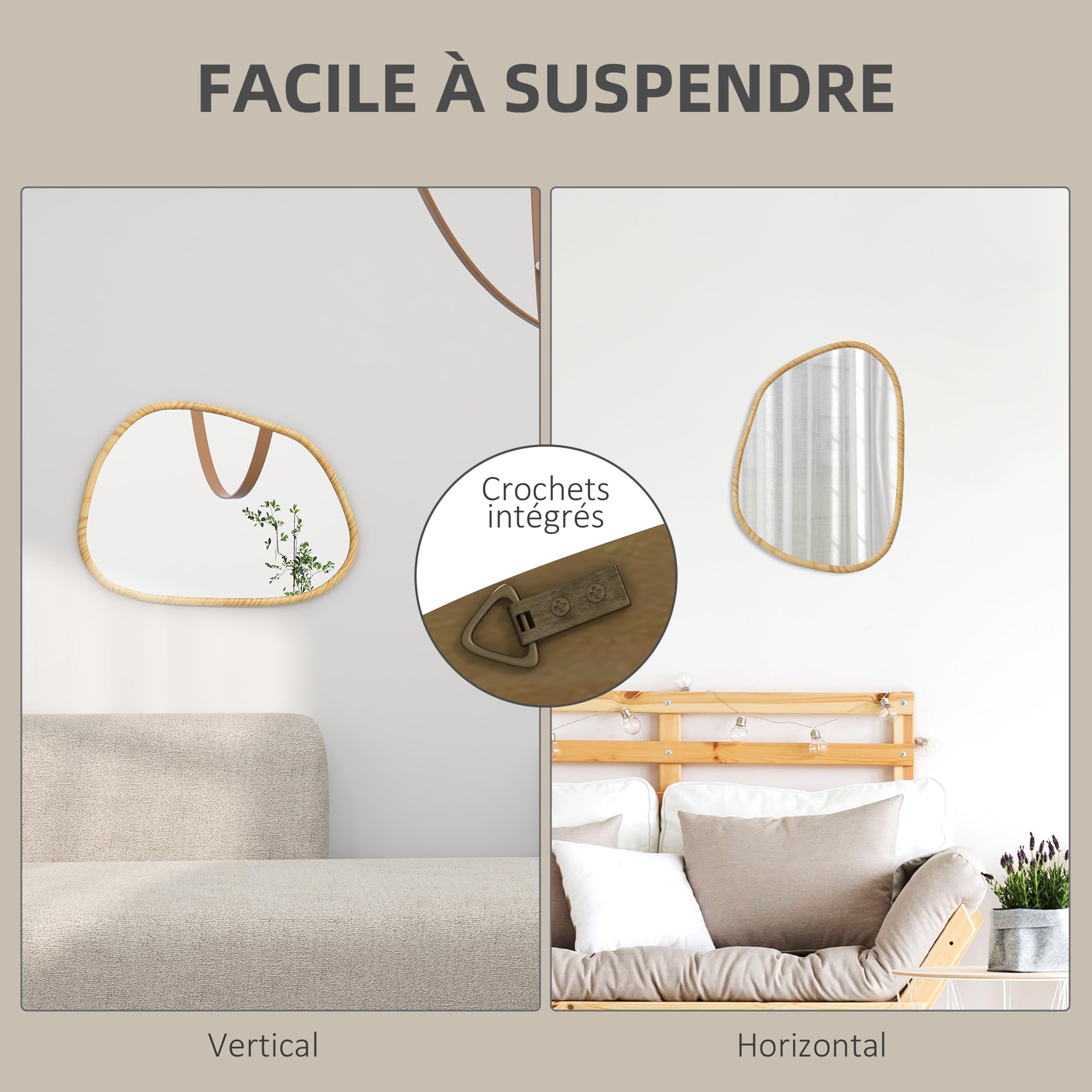 HOMCOM Espejo de Pared 80x60 cm Irregular con Marco de Pino Natural | Espejo decorativo colgante, espejo de baño, para dormitorio, baño, sala de estar, pasillo