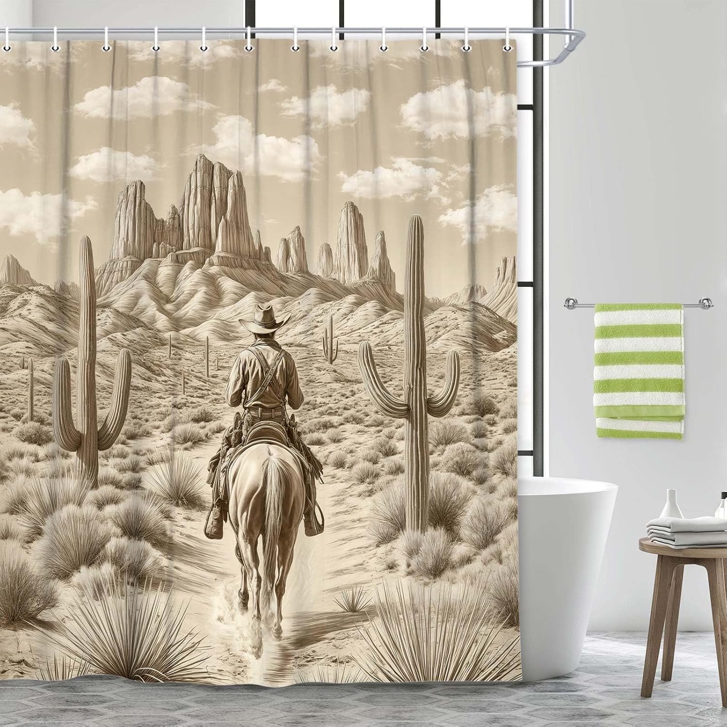 DYNH Western Cowboy Shower Curtain for Bathroom, Retro Rustic Cowboy Riding Horse in Desert Cactus Vintage Farmhouse Shower Curtain Fabric Bath Shower Curtains with Hooks,72x78In