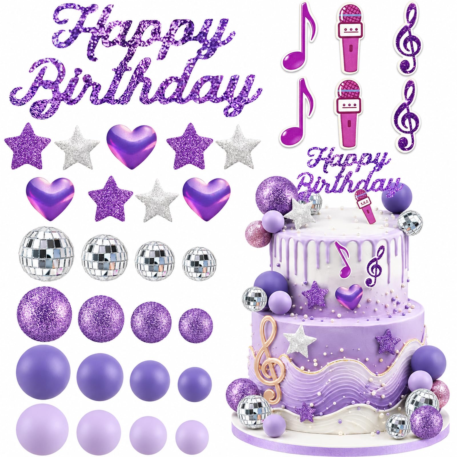 Aribliseza Kpop Cake Topper 32 Pieces, Purple Happy Birthday Cake Decorations