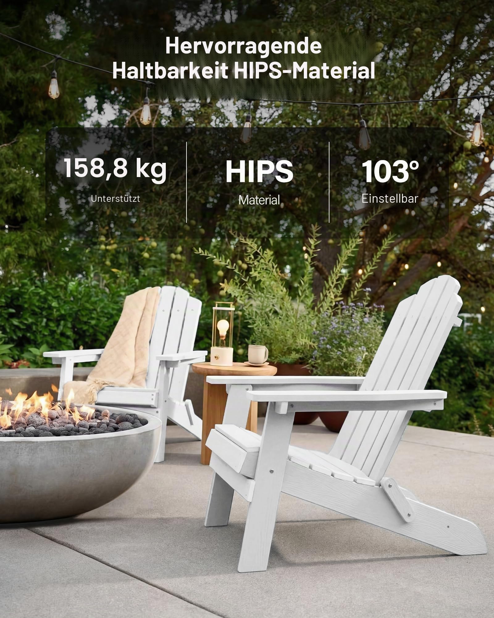 MXIMU Adirondack Stuhl für Outdoor Garten: Wetterfest Adirondack Chair Kunststoff HIPS für Outdoor Stuhl - Ergonomisch Adirondack Gartenstuhl Klappbar für Balkon/Terrasse/Feuerstelle/Beach(Weiß)