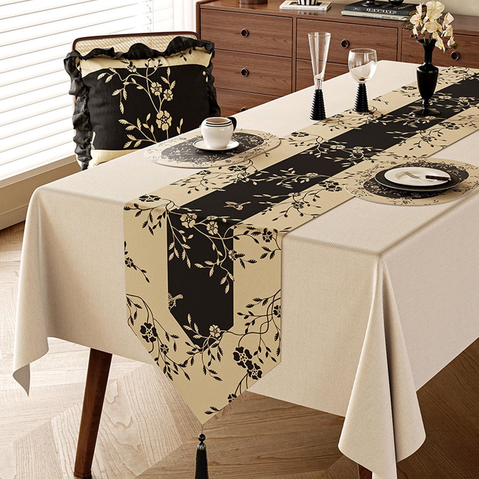 Camino de mesa decorativo de 260 cm de largo, de lino y poliéster, a rayas y flores, hojas, ramas, mantel con borlas, mantel para fiesta en casa, beige y negro, 30 x 260 cm
