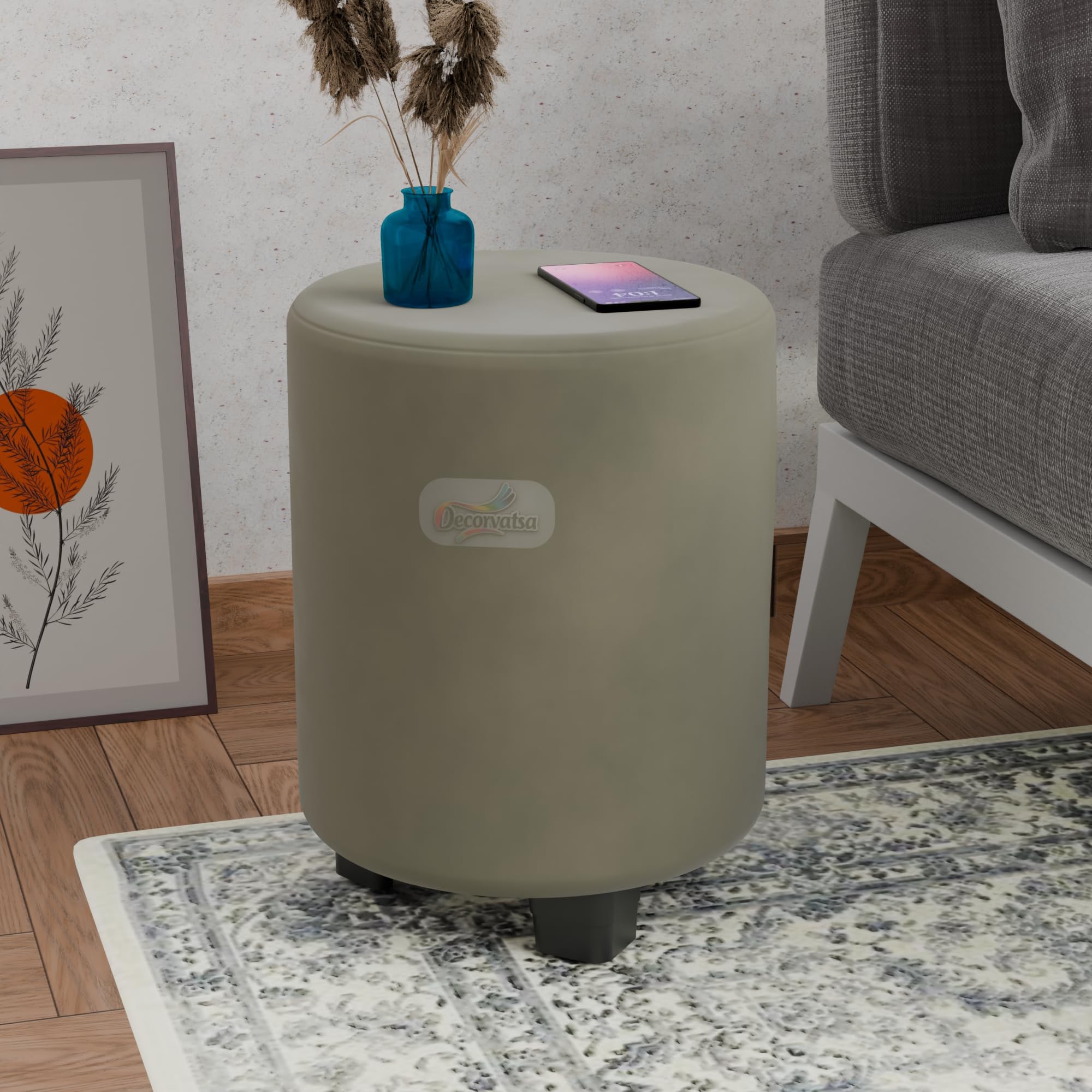 Pouffes Sitting Stool for Living Room Decoration, Mudda Puffy Wooden Ottoman Stools, Kitchen Pouffe Footstool for Home Decor & Dressing Table,14"X14"X16", PVC Legs, Round (Grey)-image-25