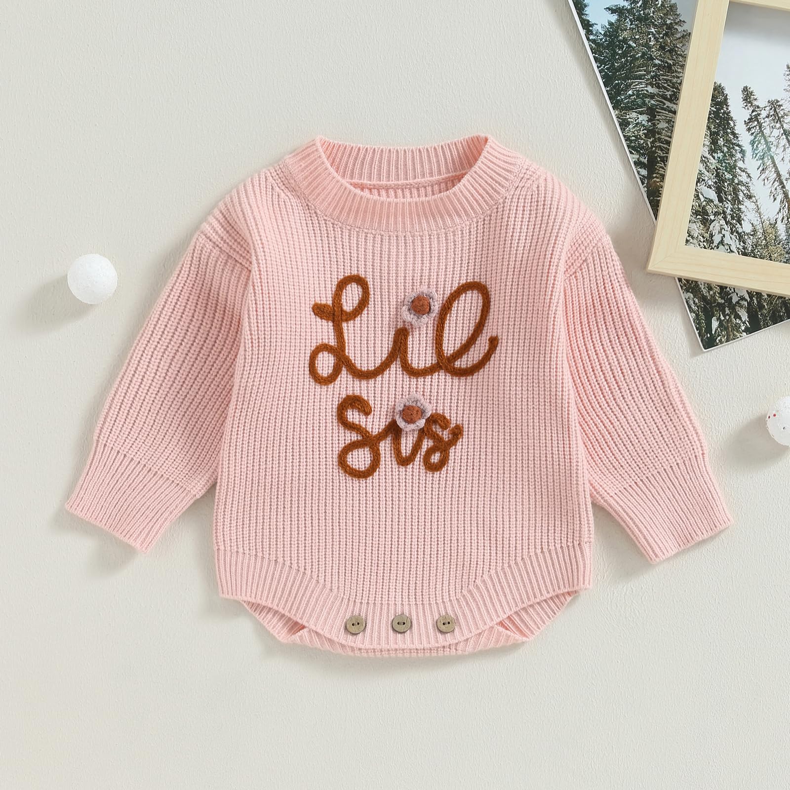 VISGOGO Big Little Sister Matching Sweater Baby Girls Knitted One-Piece Outfits Toddler Brother Sweatshirt Clothes (Pink-Lil Sis, 0-3 Months)