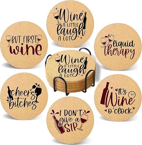 Miniatura 14 de Juego de 6 posavasos de café para bebidas con soporte, posavasos de madera de corcho absorbente para escritorio, mesa de oficina, decoración de