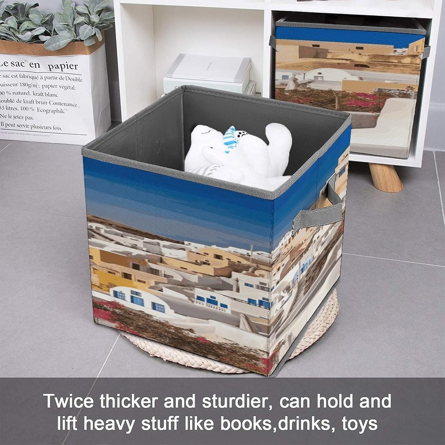 Santorini Town Fabric Bins Storage Basket Square Baskets | Storage Bin with Double Handles,Cube Collapsible Organizers for Organization,Closet,Shelves,Offices