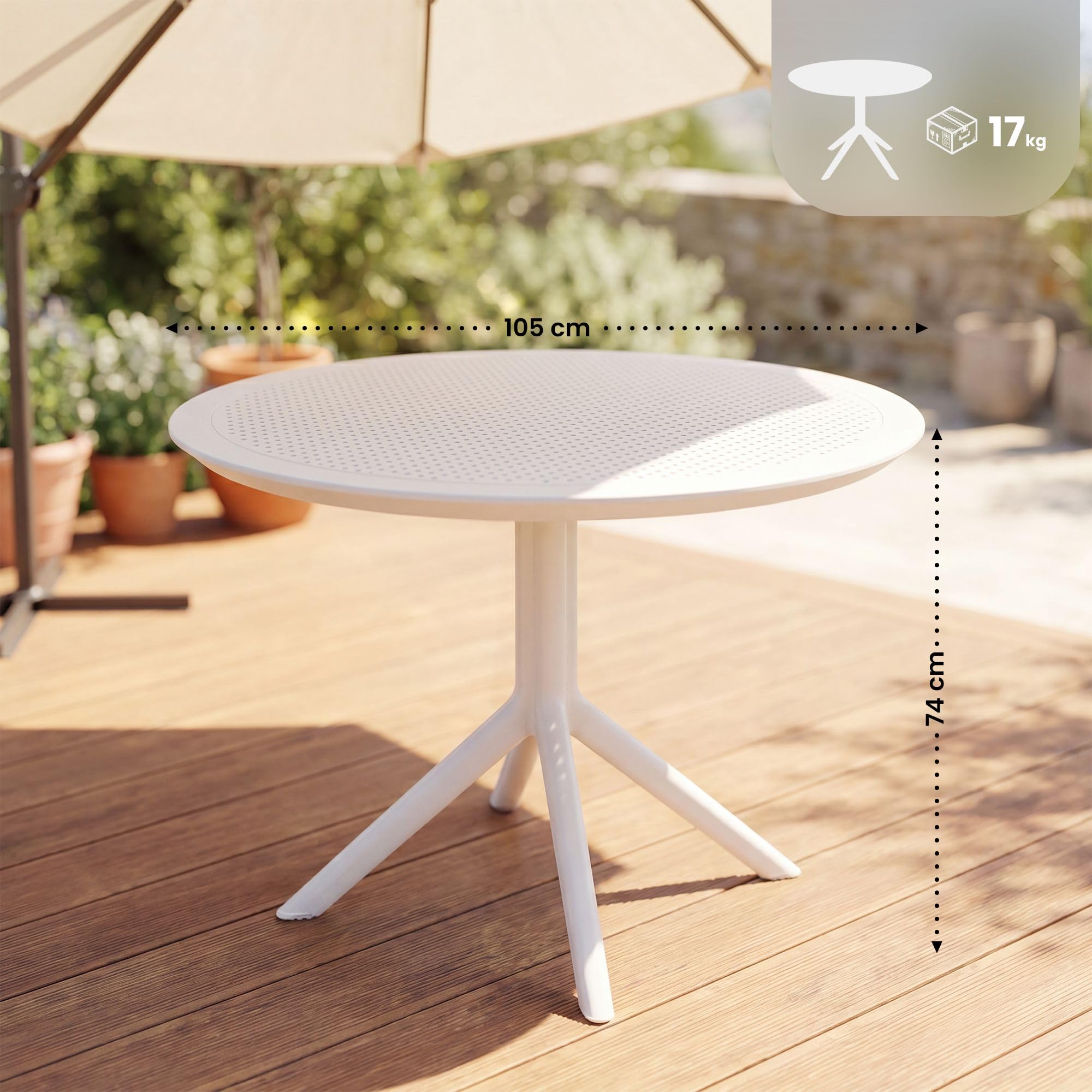 CLP Tavolo da Giardino Sky Ø 105 cm Rotondo, Bistrò Esterno in Polipropilene Resistente a UV e Intemperie, Stabile, Altezza 74 cm, Colore:Bianco