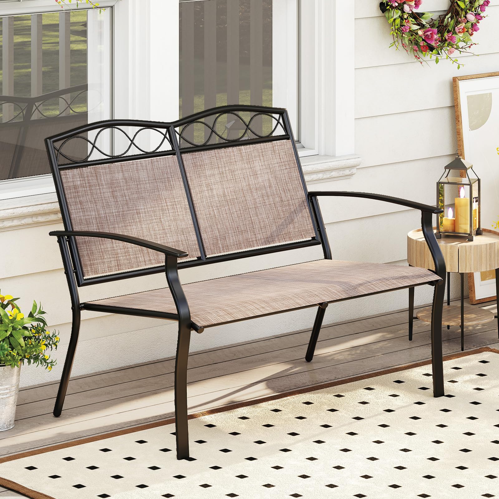 GIANTEX Banc Exterieur Jardin avec Dossier et Assise en Tissu Respirant, Charge 300 kg, Cadre en Métal Robuste avec Accoudoirs, Banquette Exterieur Jardin 2 Places pour Porche, Patio, Piscine, Marron