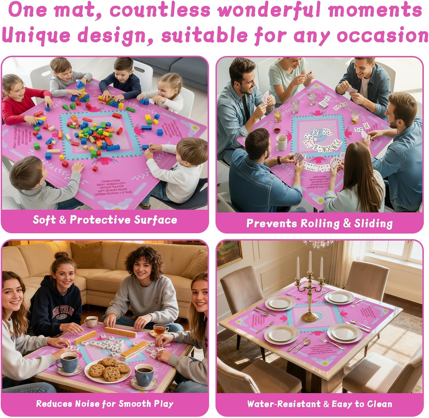 Pink Mahjong Mat with Rules Mahjong Mat for Table Mahjong, 31.5x31.5 Inch | Waterproof Non-Slip Mah Jongg Mat, 3mm Thick, Noise-Reducing,Anti-Slip Base, Portable Mahjong Mat Ideal for Poker/ Cards