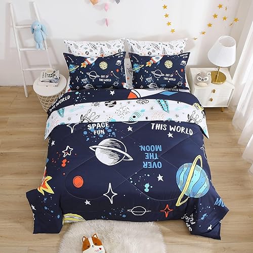 Juego de ropa de cama de 7 piezas de planetas para niños y niñas, edredón tamaño individual, cama en una bolsa, ropa de cama de microfibra para