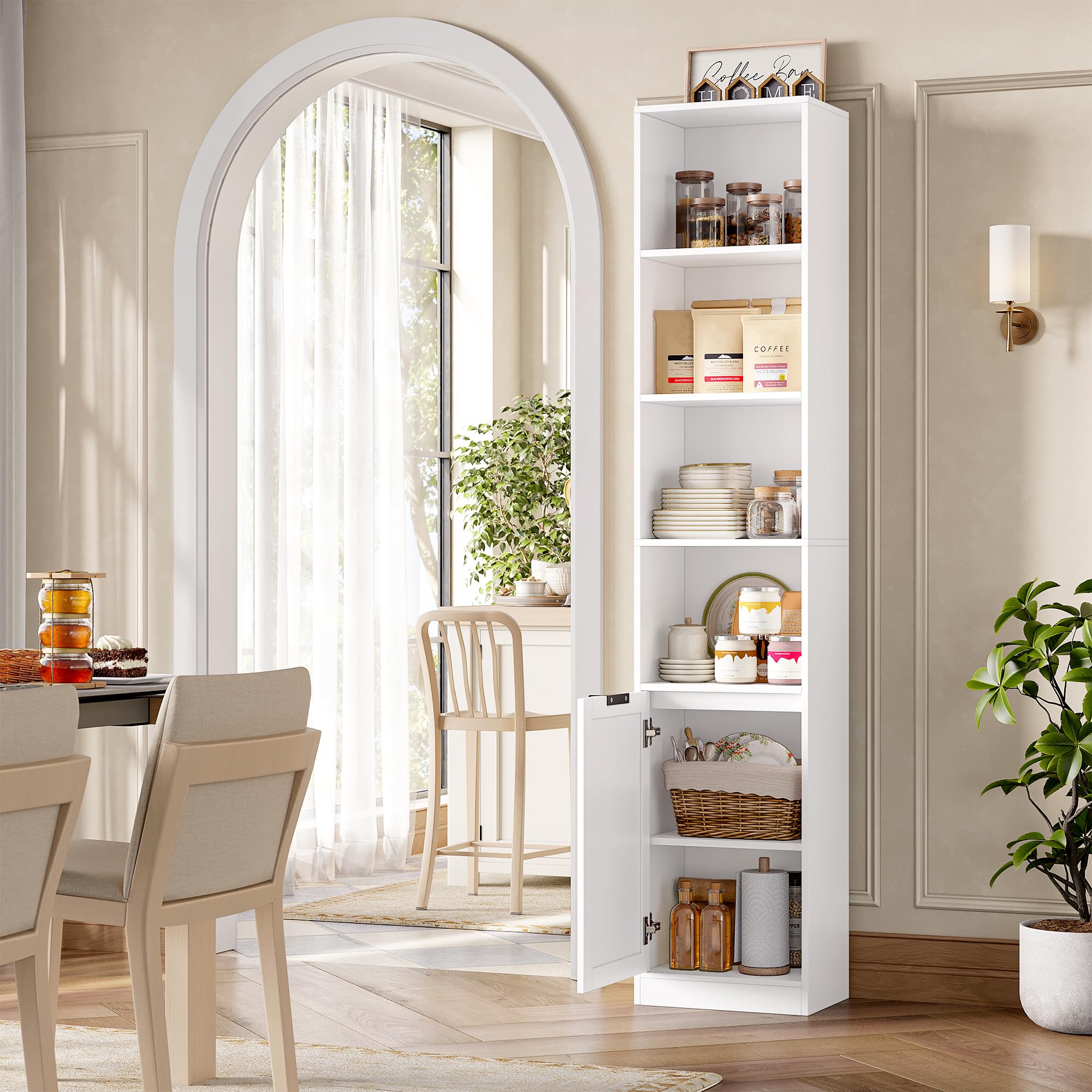 FirFurd 186,4cm Libreria Verticale, Libreria Salvaspazio a 6 Ripiani Bianco | Vetrina Espositiva a 4 Scomparti Aperti,Librerie Stretta,per Appartamenti Piccoli,Soggiorno,Studio e Ufficio,35x24x186,4 cm