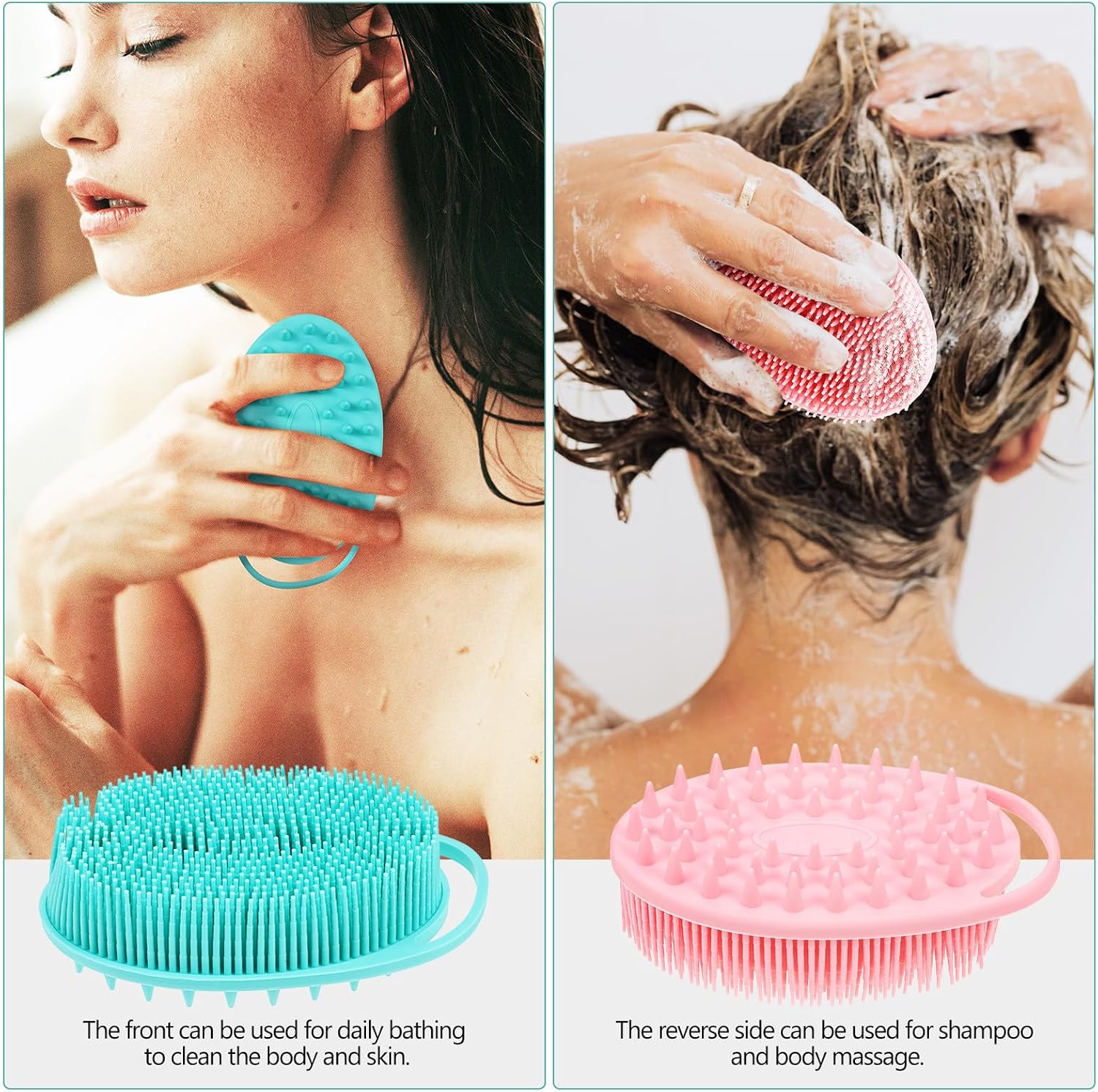 2pcs Dual-Sided Silicone Body Scrubber with Hanging Hook, Exfoliating Bath Brush for Shower Use, Back Scrubber for Men and Women, Green and Pink