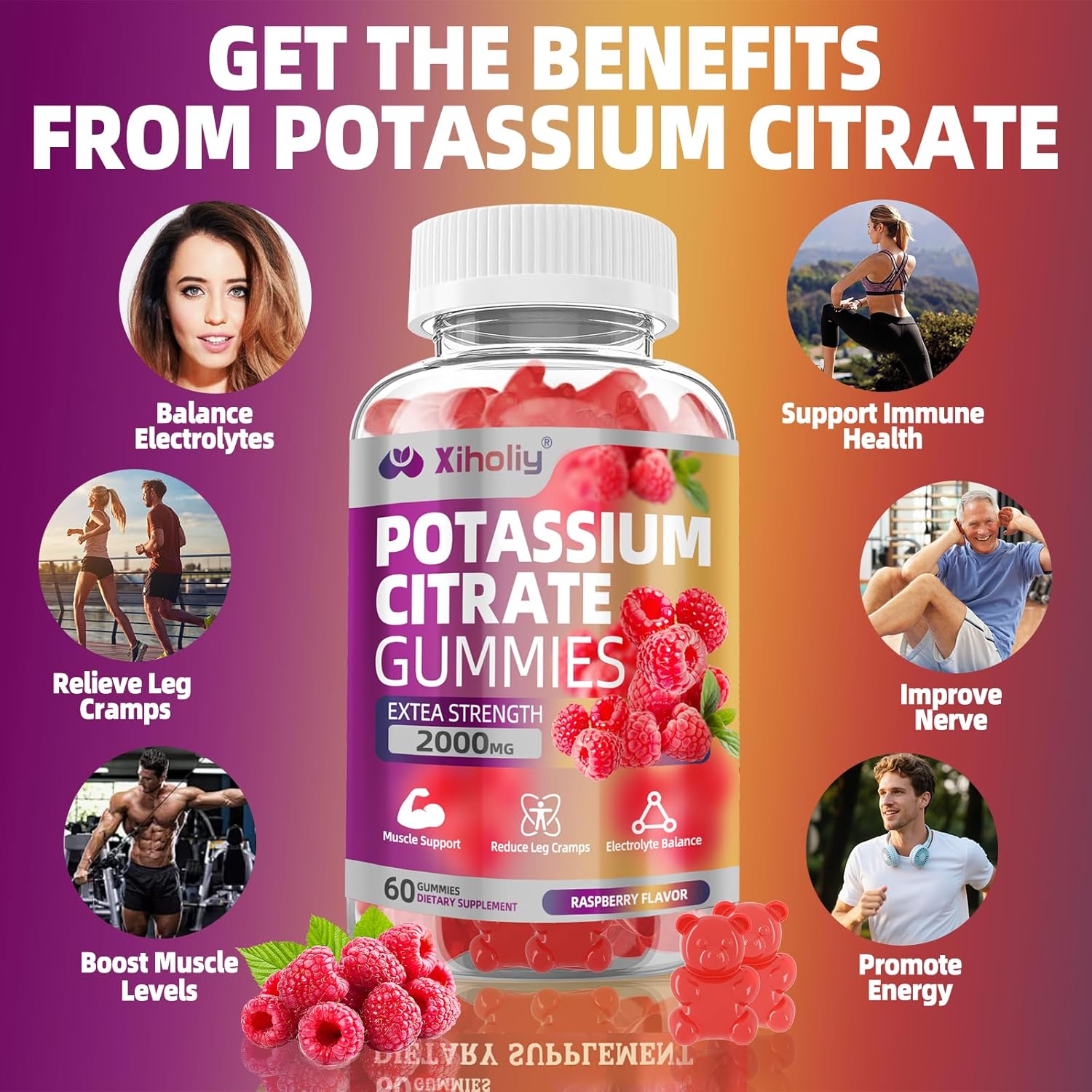 Potassium Citrate Gummies 2000mg, High Potency Electrolyte Gummies, Potassium Supplement with Magnesium glycinate, Zinc, Vitamin C D3 K2, for Electrolyte Balance, Leg Cramps, Muscle Support, 60 Chews - Image 2