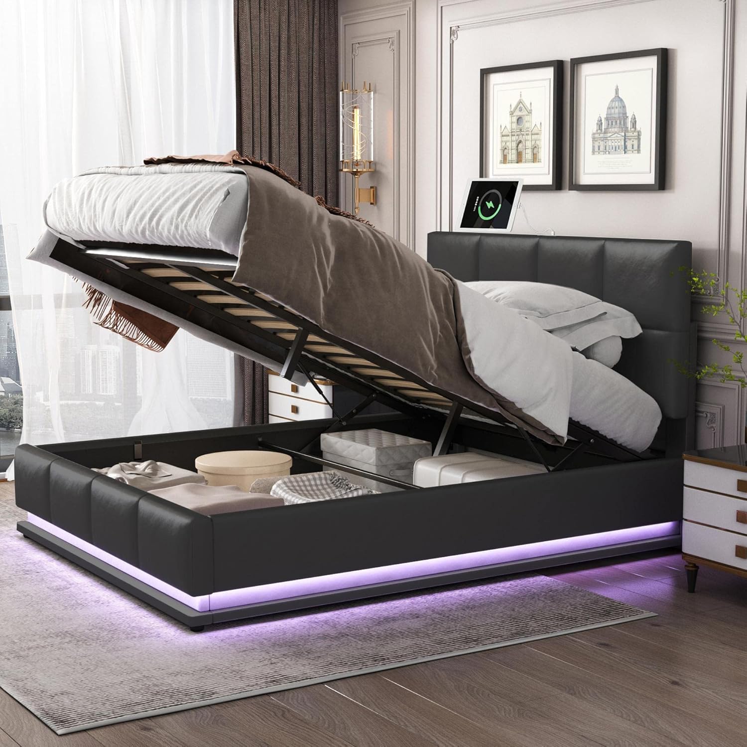 Lift Up Storage Queen Bed with LED Light, Faux Leather