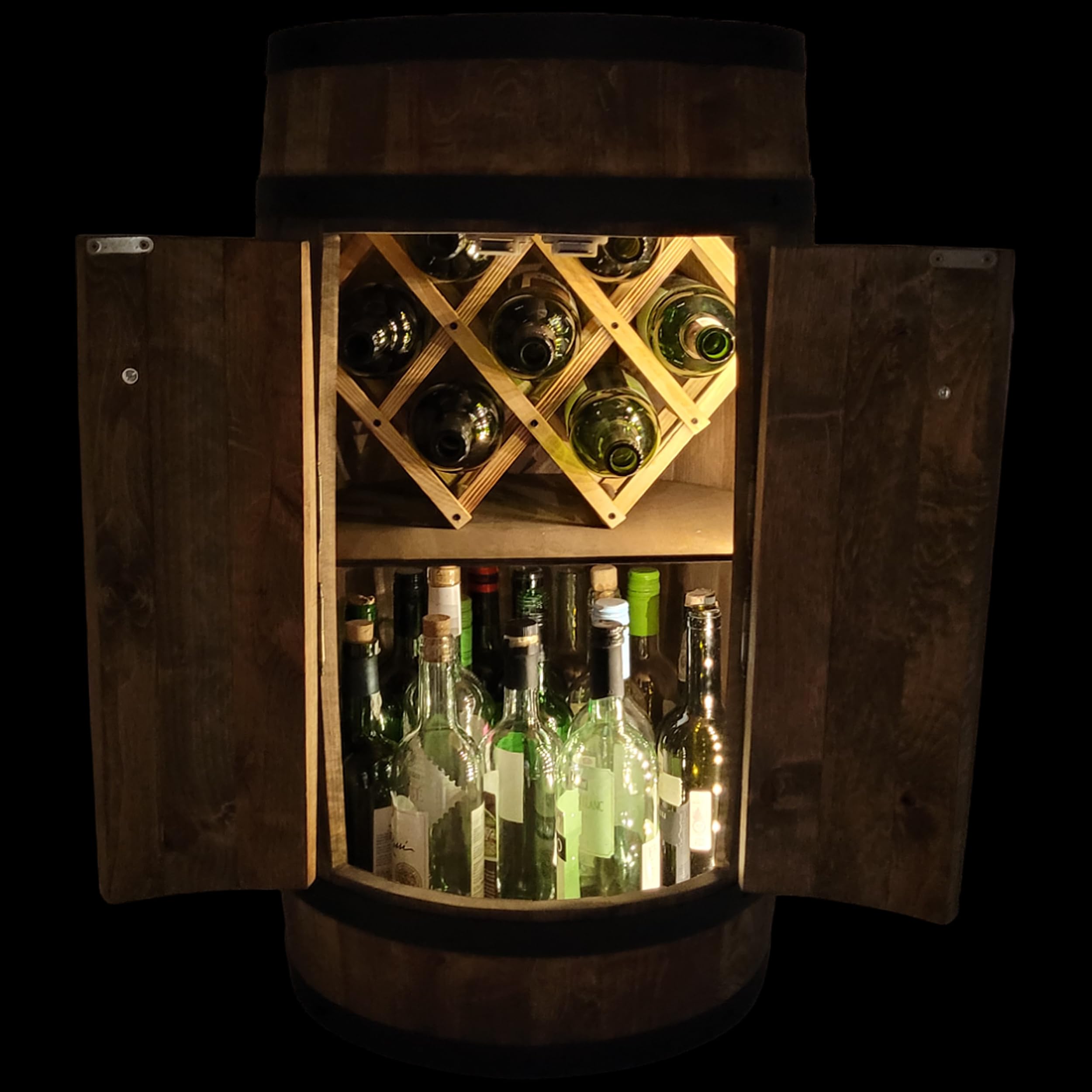 WEECO Barile In Legno con porta e portabottiglie LED, Portabottiglie per vino, Decorazione rustica per bar, portabottiglie, Botte per Vino, Scaffale Botte legno, Barile rum Birra 80x50cm (wengé scuro)