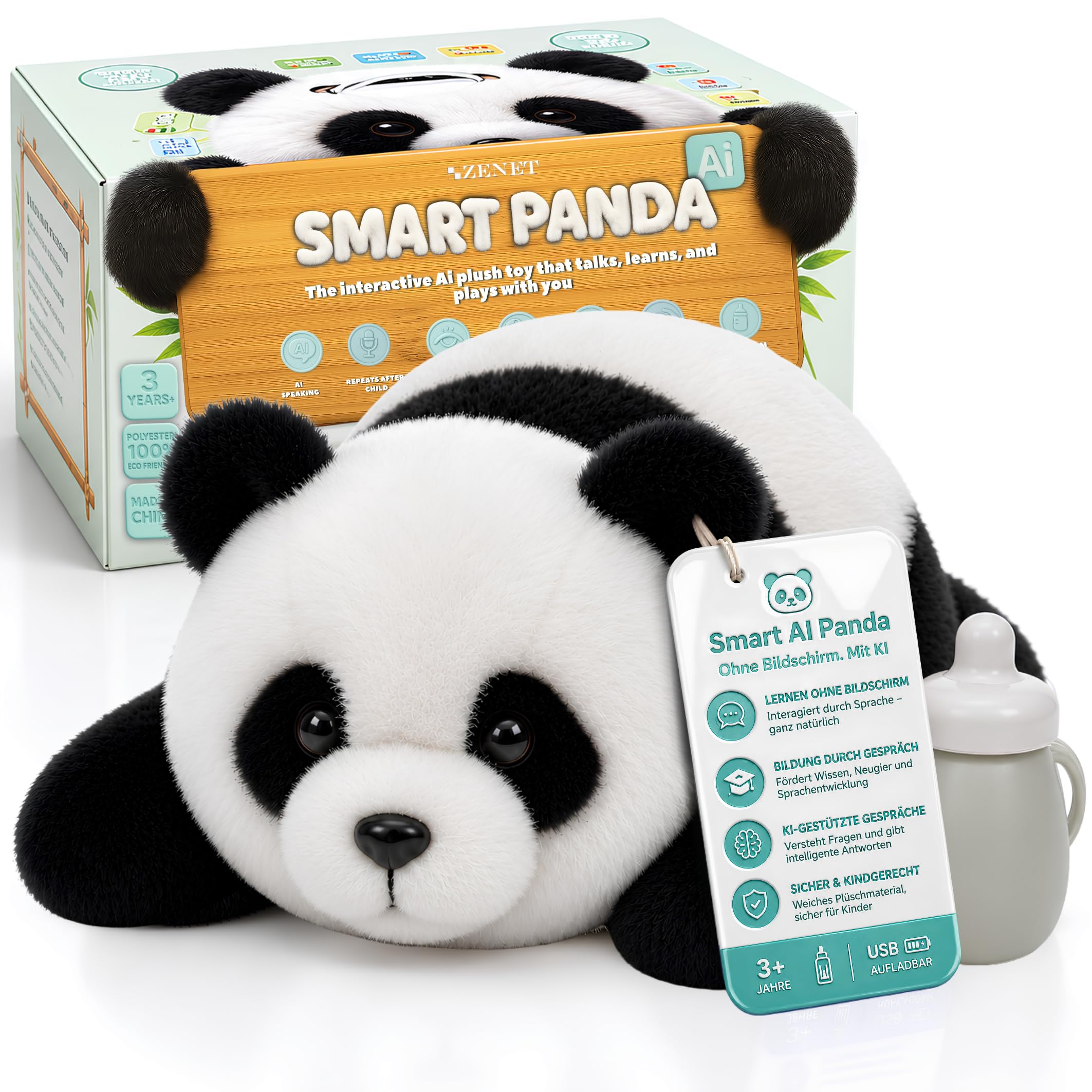 ZENET Interaktives Kuscheltier Smart Panda AI für Kinder ab 3 Jahre, 48cm | Sprechendes Spielzeug, Lernspielzeug, KI-gesteuertes Nachsprechendes Plüschtier mit Mobile App, Sprachlernen, 5 Spielmodi