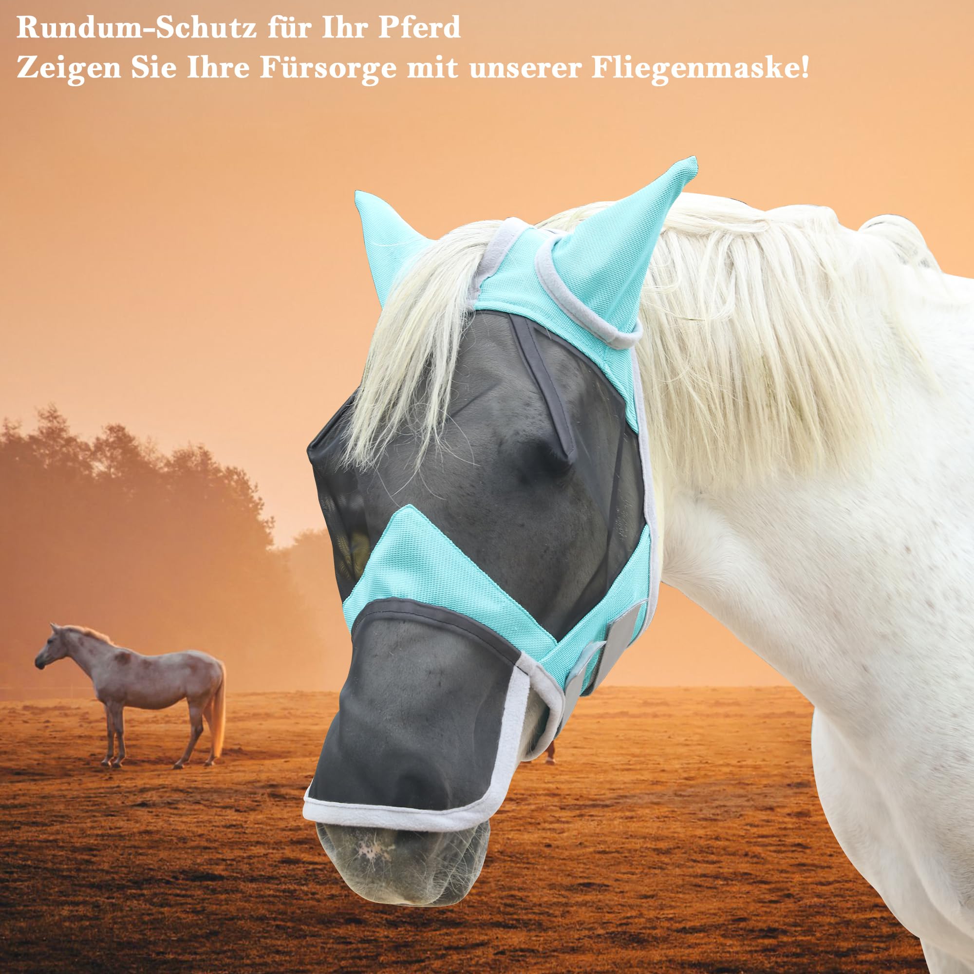 Fliegenmaske Pferd mit Nasen- & Ohrenschutz, UV-Schutz, Atmungsaktives Mesh, Reißfest, Weich Gepolstert, Verstellbar mit Klettverschluss Hellgrün Pony