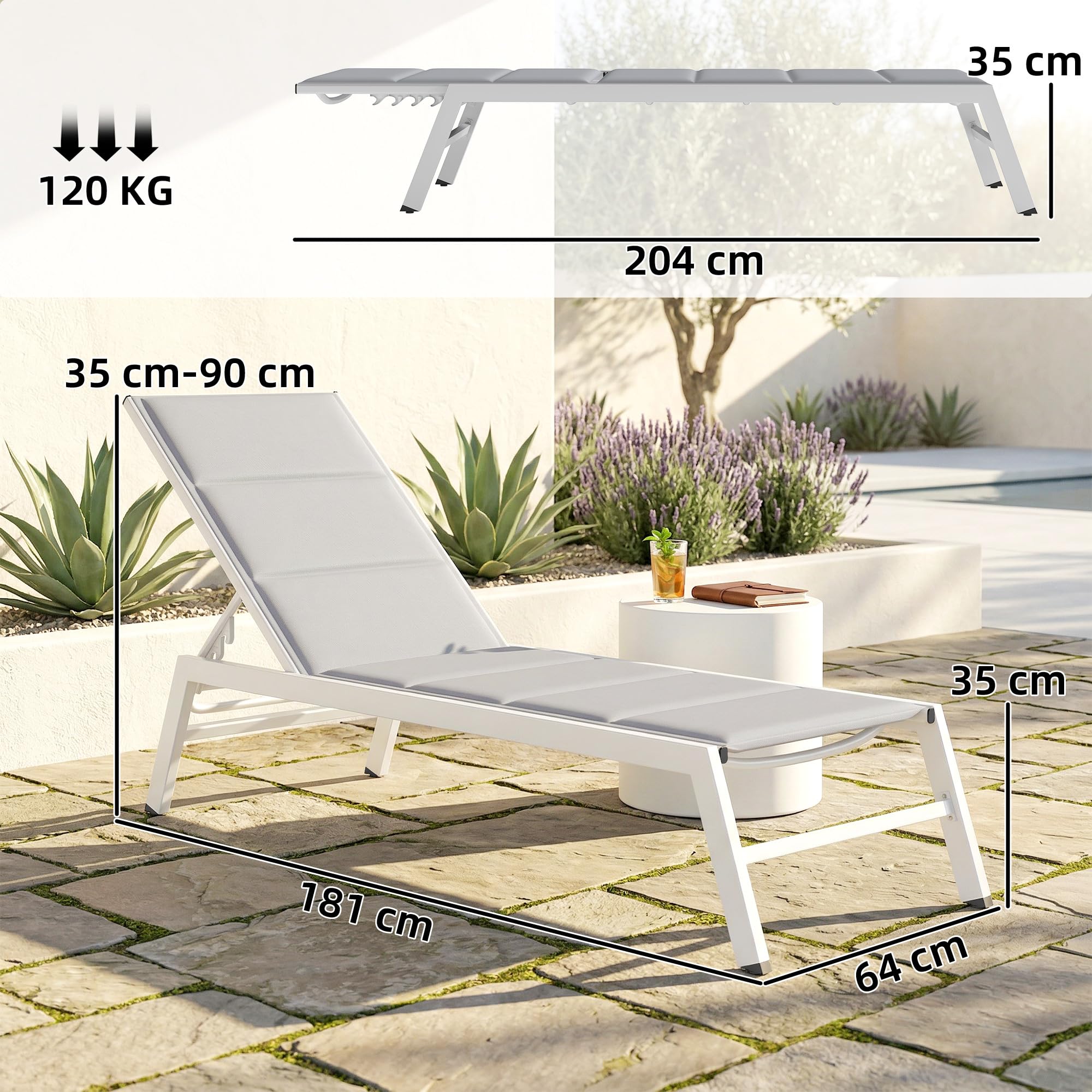 Outsunny Lettino Prendisole da Giardino Seduta Imbottita Grigio Chiaro | Schienale con 6 Posizioni Regolabili, Sdraio da Giardino in Texteline, Telaio in Alluminio Leggero, per Terrazzo Piscina