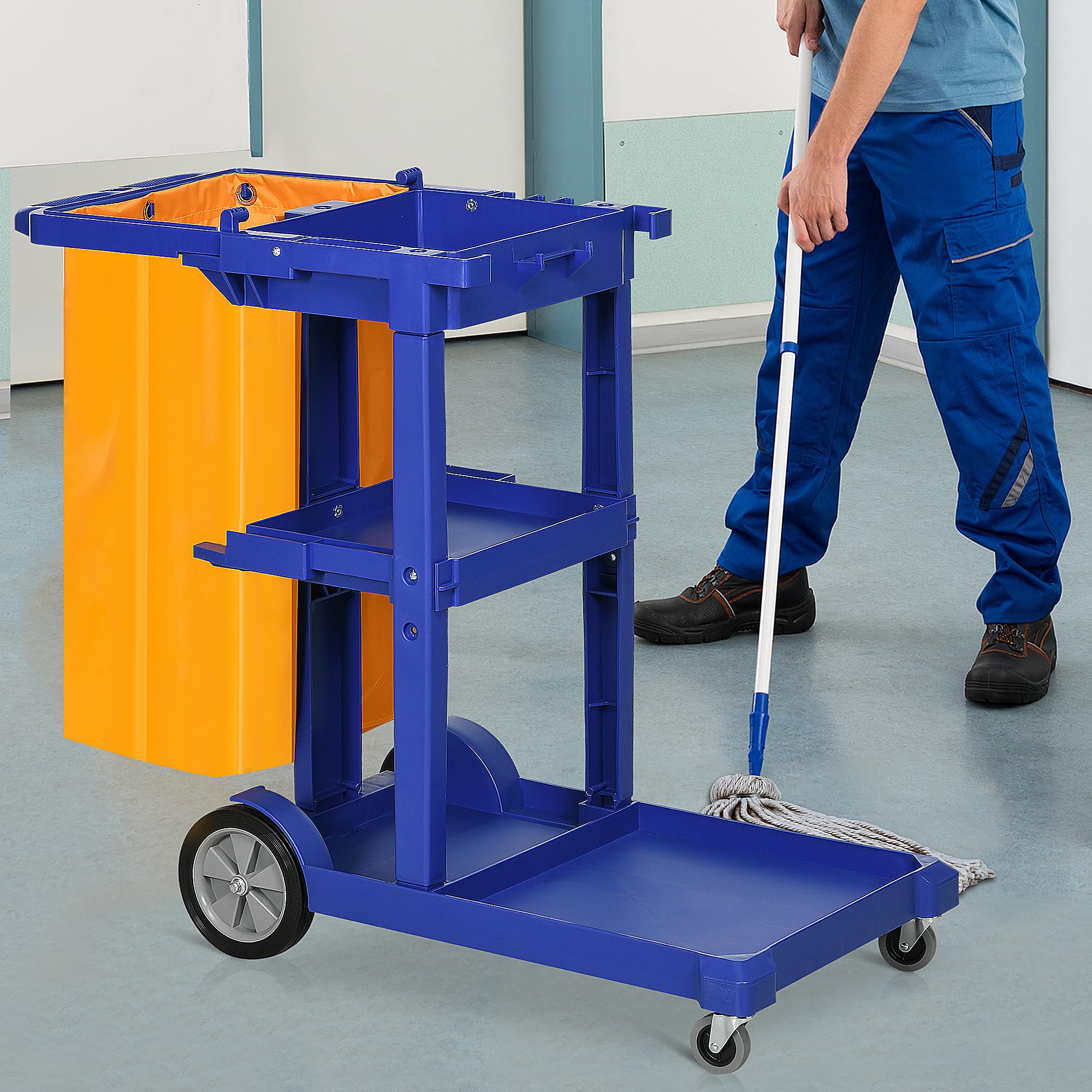 HOMCOM Chariot de nettoyage professionnel avec 3 étagères avec crochets pour balai et sac de 100L, Chariot à roulettes en plastique polyvalent pour l'hôtel, l'hôtellerie et la restauration,