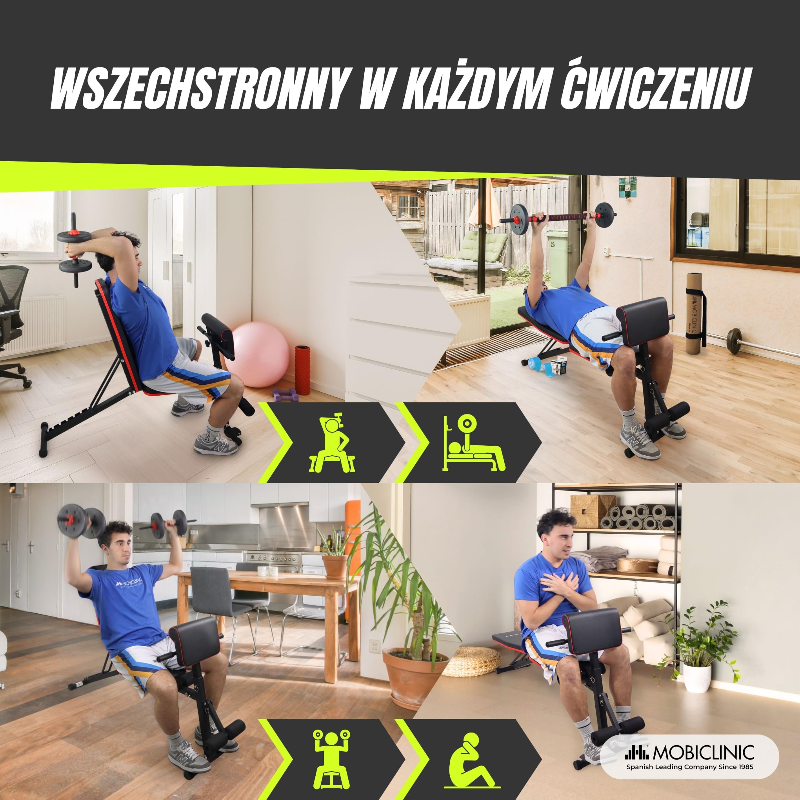 Mobiclinic®, Ławka treningowa, Z Paskami Oporowymi, Składana, Z Kółkami, Wielofunkcyjna, Do Wyciskania na Ławce, Regulowana, Uchylna i Opuszczana, Do 120 kg, Planefit, Domowa Siłownia