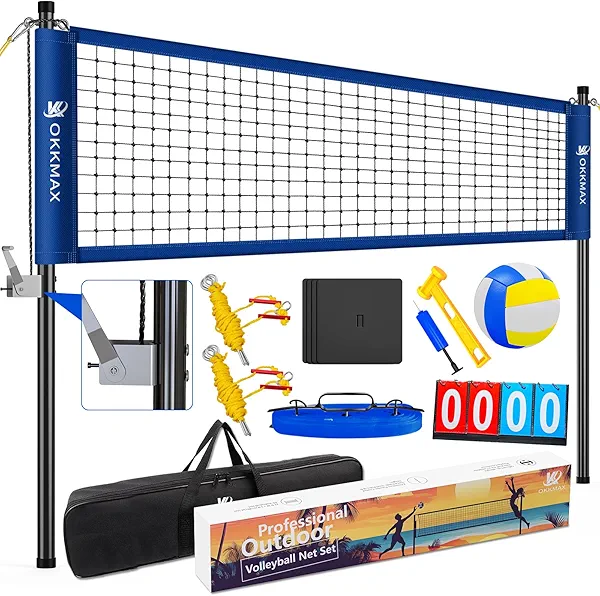 Professional Outdoor Volleyball Net Set with Adjustable Poles & Anti-Sag Design, Portable Volleyball Net Includes Beach Fixed Plate, Scoreboard, Boundary Line and Carry Bag for Backyard Beach Grass