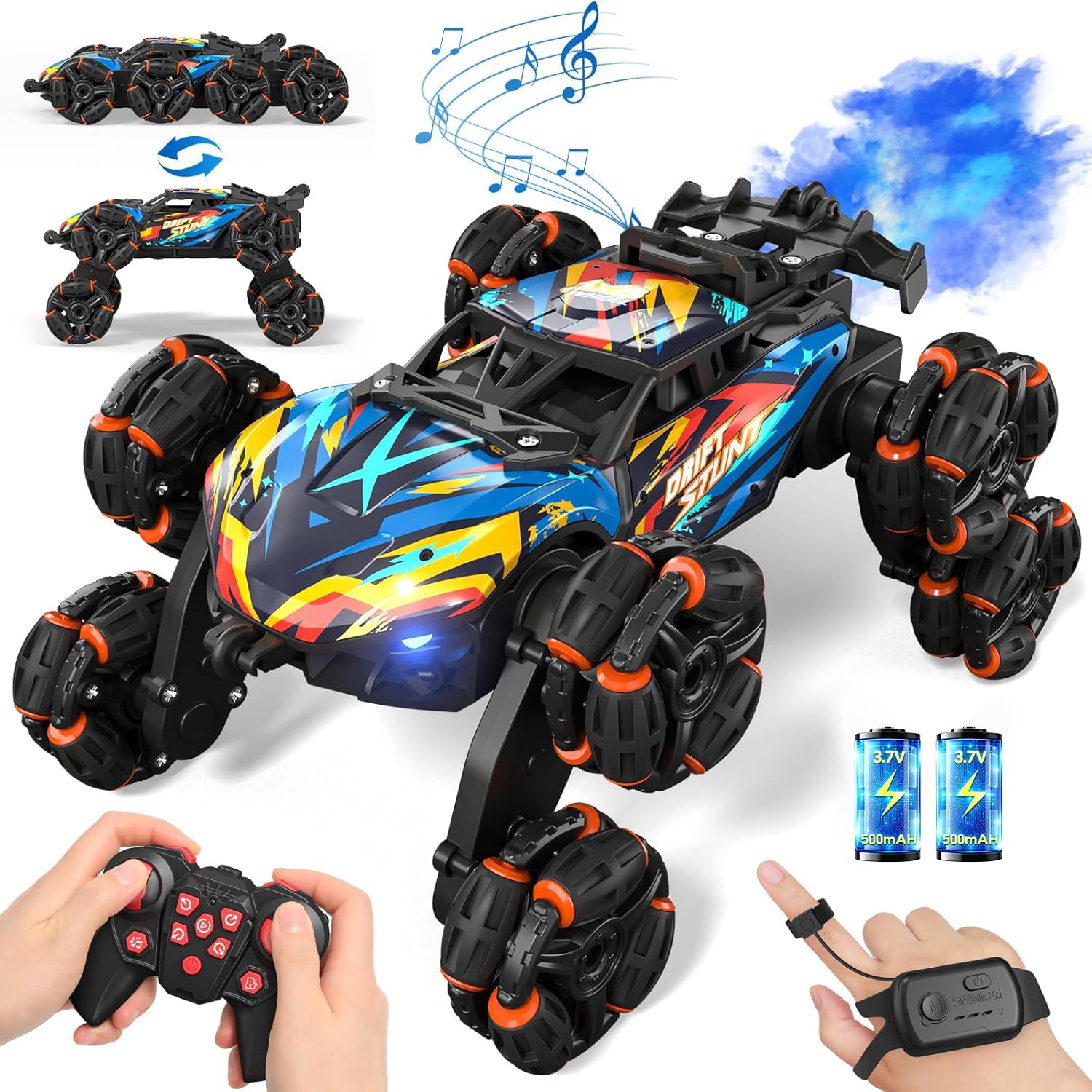 Ferngesteuertes Auto ab 3-12 Jahre, 8WD RC Drift Stunt mit Handsteuerung | LED Licht, Musik und Spray, Coole Auto Kinder, Ferngesteuertes Spielzeug Geschenk ab 3 4 5 6 7 8 9 10 11 12 Jahre Jungen