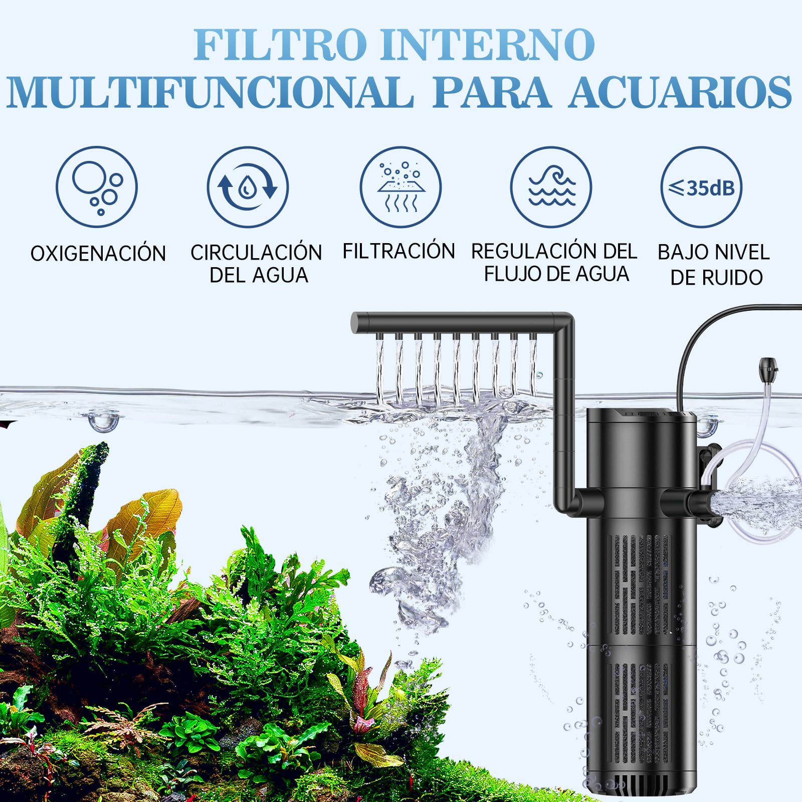 Filtro Interior Acuario, 12W Filtro Pecera Interno Ajustable, 800 L/H Filtro Acuario Bomba Adecuado para Acuarios de Hasta 200L