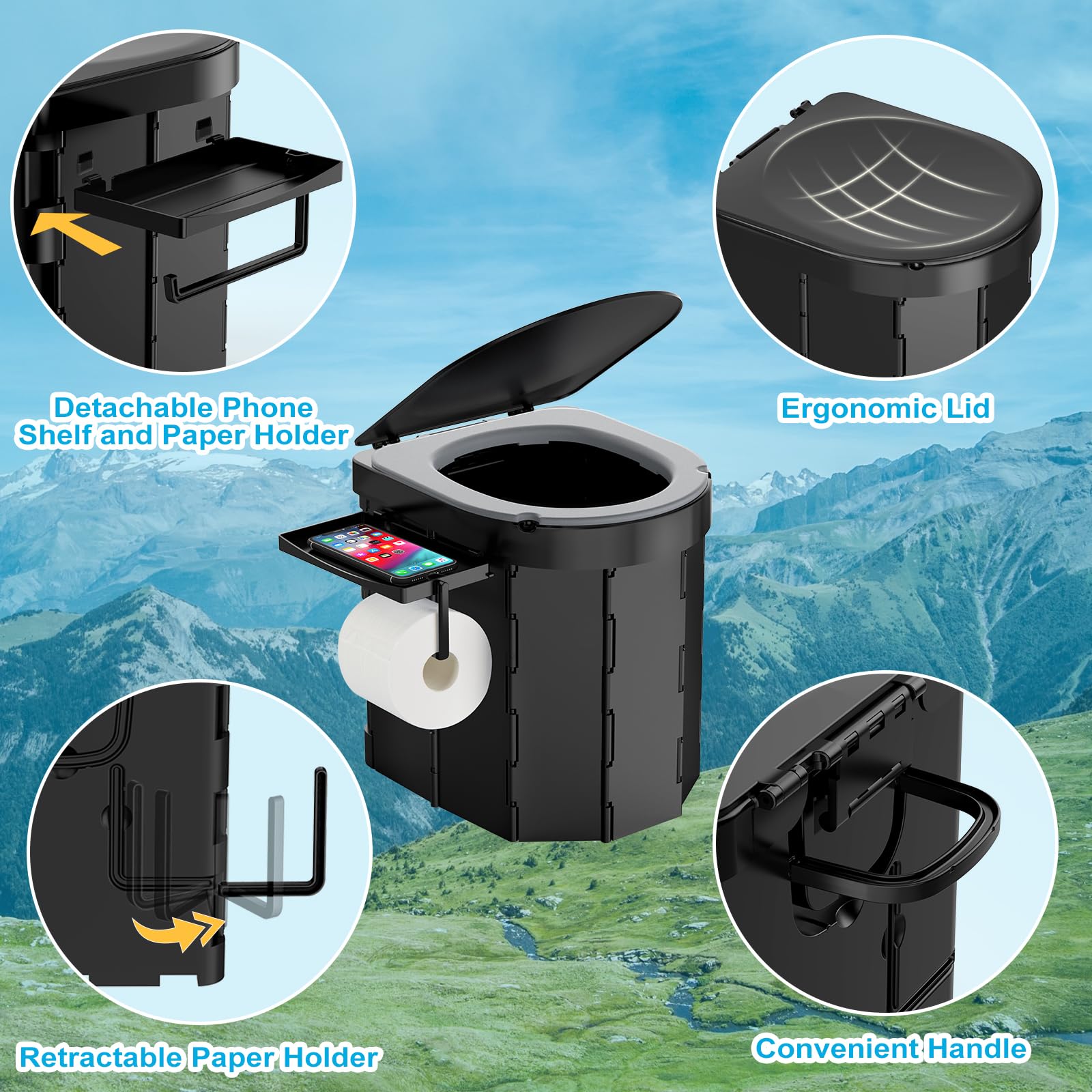 WADEO WC da Campeggio aggiornato, Portatile per Adulti, Pieghevole con Coperchio e portarotolo, Perfetto per Viaggio, Auto (Sedile morbido - Porta telefono)