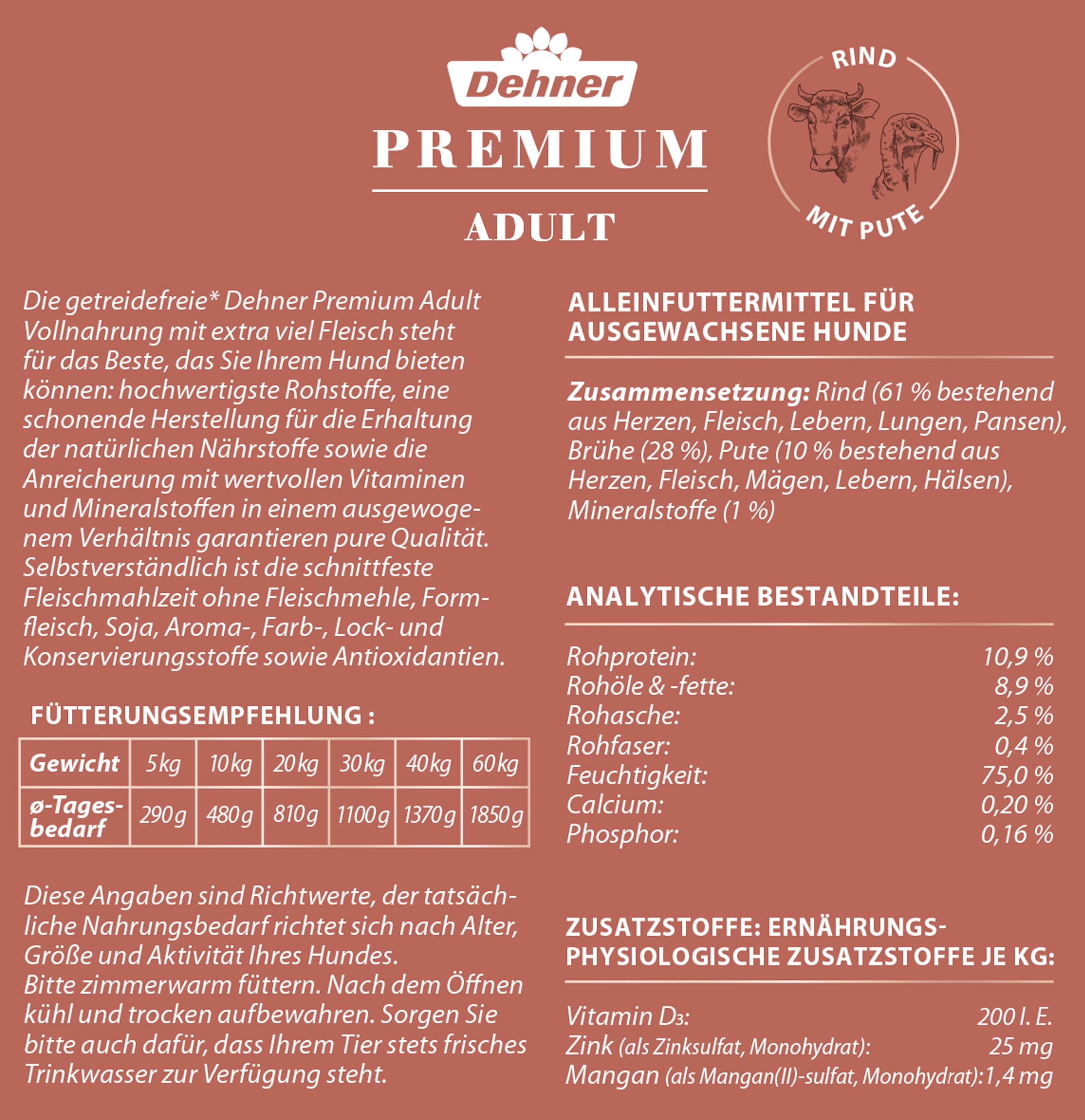 Dehner Premium Nourriture pour Chien Adulte, bœuf et Dinde - 6 x 800g