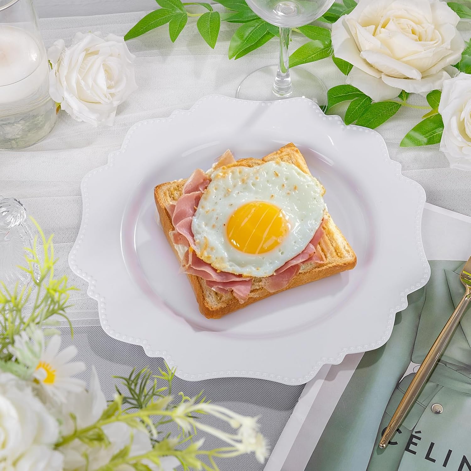 COLOSUS 100pcs 9.5 Inch-White Plastic Dinner Plates, Fancy White Plastic Plates,Heavy Duty Disposable Dinner Plates for Party Thanksgiving and Everyday Use