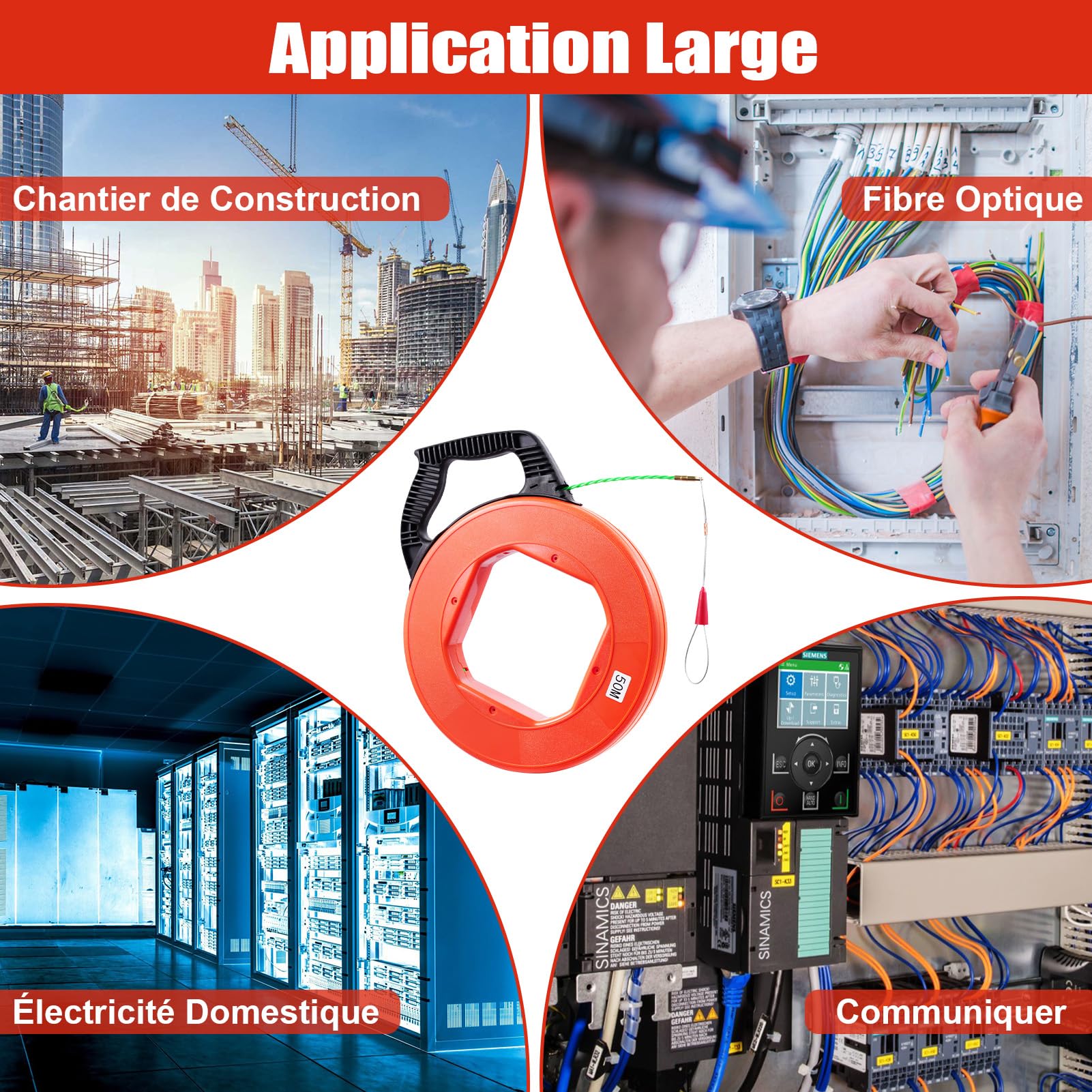 Aiguille Electricien 4,5mm 50m, Spirale Tire Fil 50m, Tire Fil Electricien avec 7 Ressorts de Guidage, Electrique Tire Fils Ensemble pour CaBlage Données TéLécommunications Génie Electrique