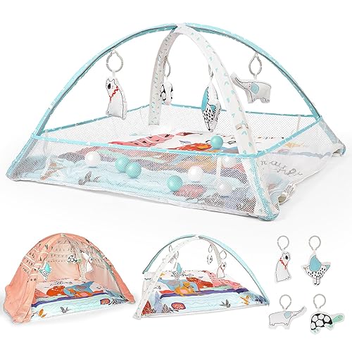 LADIDA Gimnasio de juegos para bebés, tapete de actividades con piscina de pelotas, tapete de juego de 3 etapas acolchado con juguetes basados en
