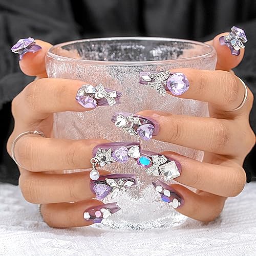 Miniatura 6 de Sethexy Uñas postizas de lujo con diamantes de imitación morados, hechas a mano, con cristales de corazón 3D, uñas largas a presión en forma de