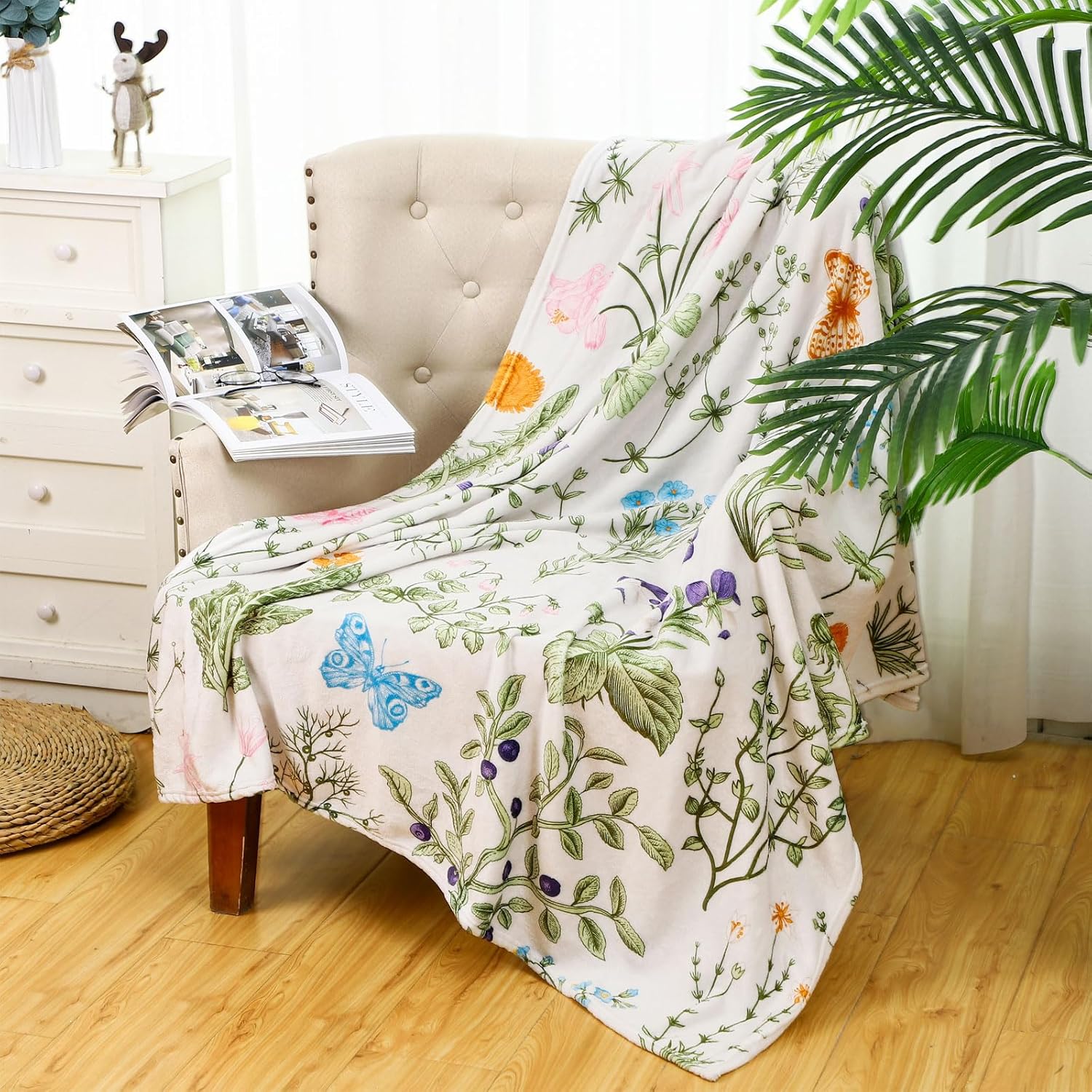 Buryeah Spring Throw Blanket Wildflowers Butterfly Blanket Green Wild Flower Plant Blankets 60 x 50 Inches Vintage Herbs Blanket Colorful Wild Flowers Printed Flannel Blanket for Bed Sofa Chair - Image 2