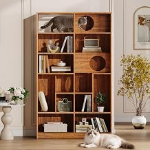 63 Inch Modern 2-in-1 Wood Bookshelf Cat House Brown Cat Tree Display Case with Storage Shelves Multi-Level Cat Climbing Shelf with Hideaway Cubbies for Living Room