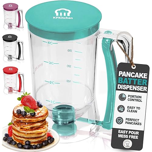 Pancake Batter Dispenser - Kitchen Must Have Tool for Perfect Pancakes, Cupcake, Waffle, Muffin Mix, Cake & Crepe - Easy Pour Baking Supply for Griddle - Pancake Maker with Measuring Label (Turquoise)